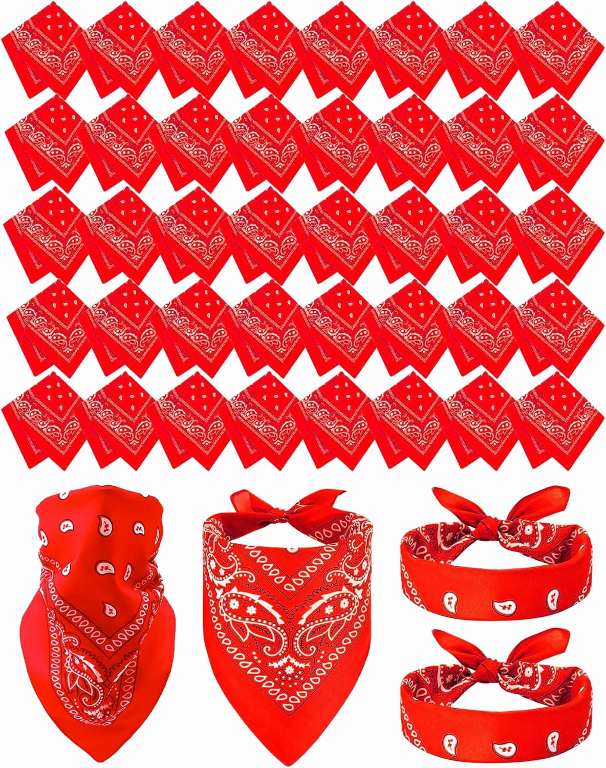 40 Pcs Large Headband Bandanas for Men Women Red Bandanas Bulk Paisley Cowboy Bandana Handkerchief Costume,21.25Inch