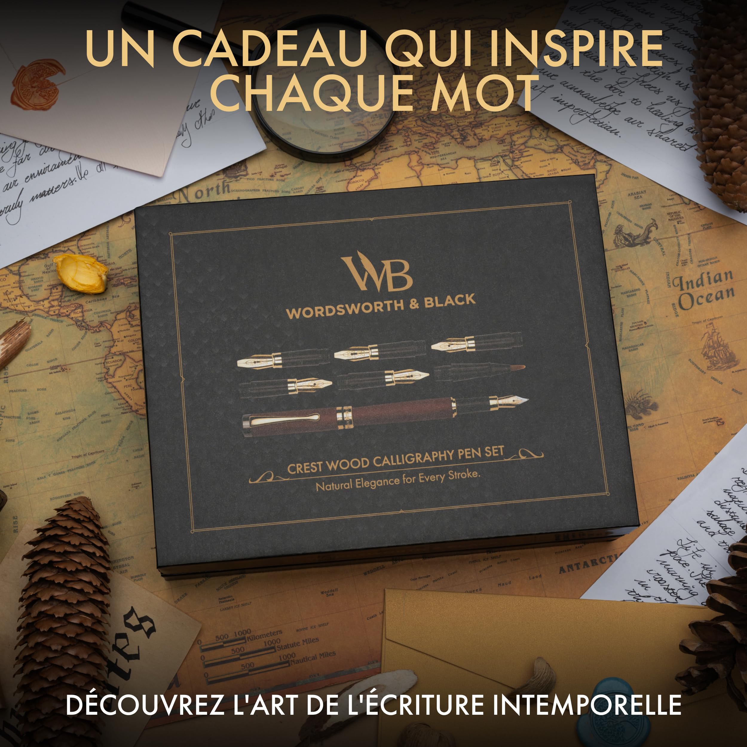 Wordsworth & Black Coffret Calligraphie en Bambou Rose, 6 Plumes | Flacon d'Encre, Cartouches, Convertisseur de Rechange, Cadeau Unisexe, Écriture Fluide, Journaling, Lettering