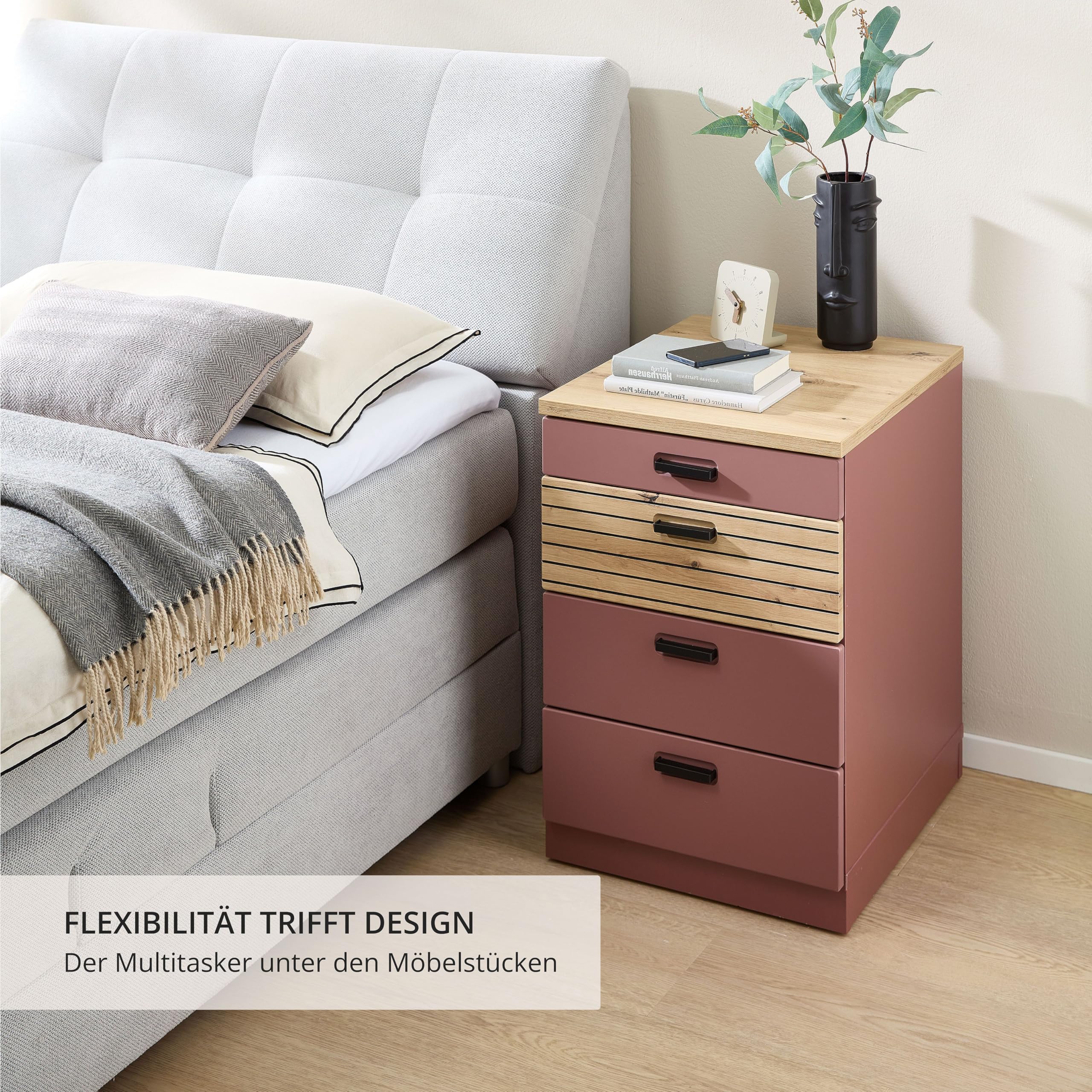 GLENN Rollcontainer Schreibtisch Rusty Red Artisan Eiche Optik | 45 x 66 x 55 cm (B/H/T), 4 Schubkästen, Lamellenoptik, 4 Rollen mit Bremse, abnehmbarer Sockel, Büro