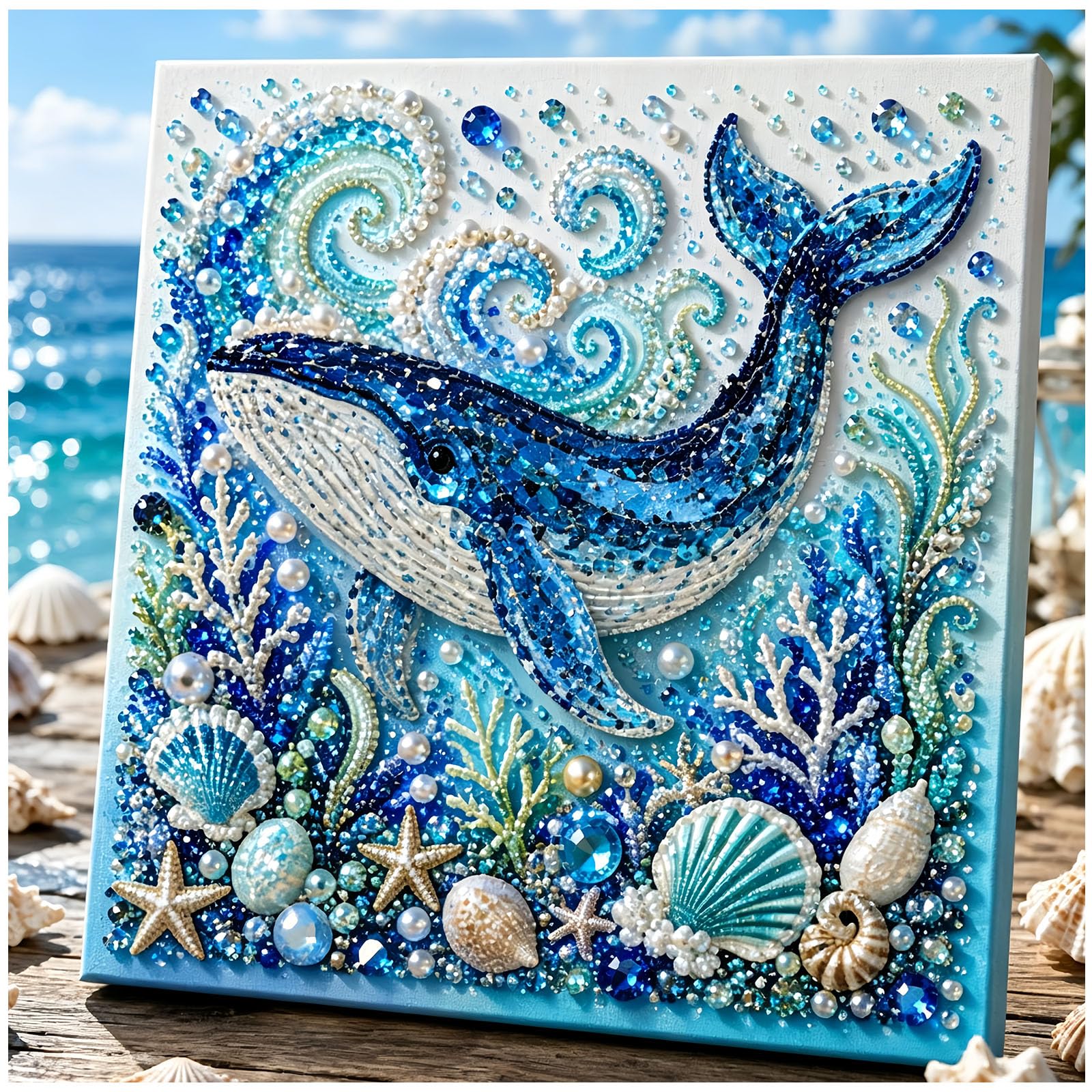 Jeeeun Ocean Theme Pearl Art DIY Kit, 3D Ocean Animal Pearl Art Craft with Pearls & Rhinestones, Sparkling Coastal Wall Decor for Adults & Beginners (Whale)