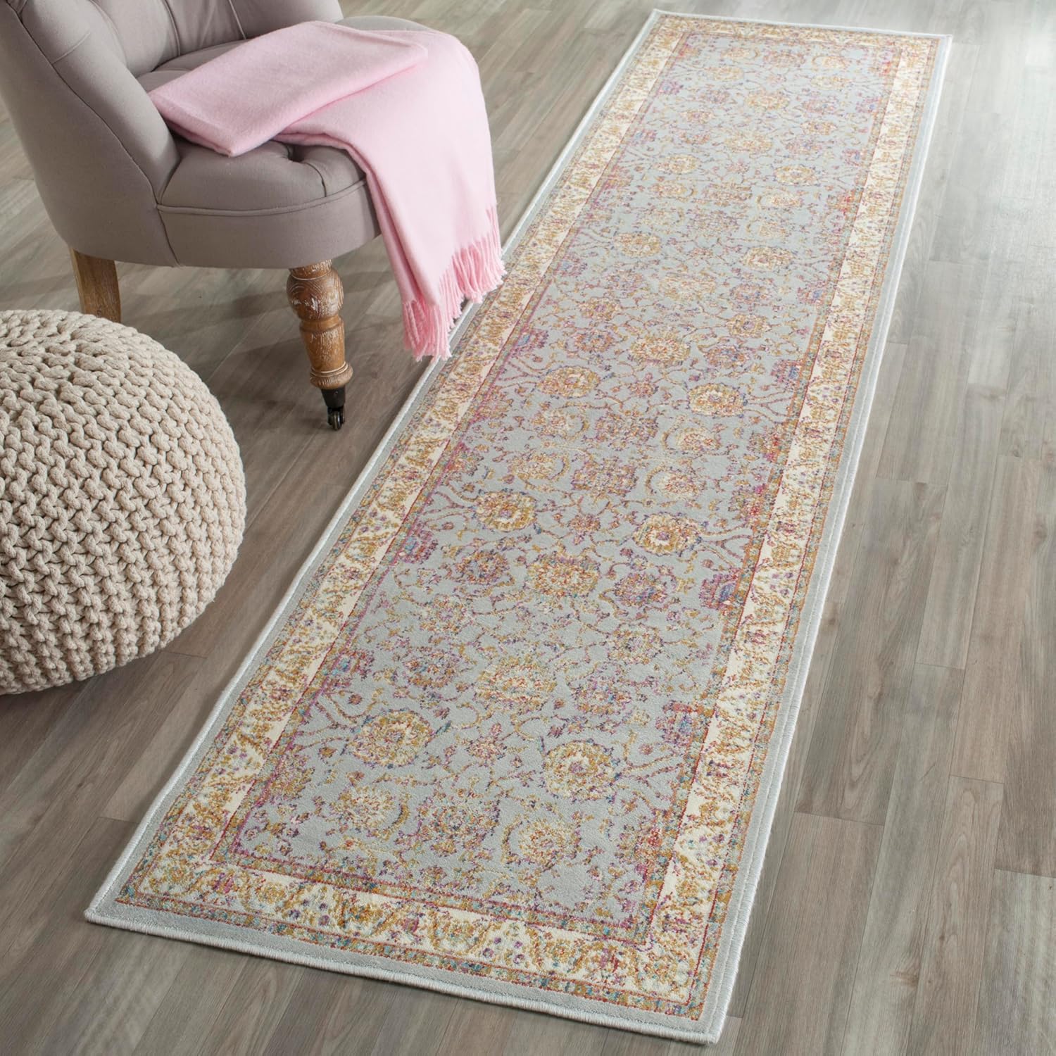 SAFAVIEH Sevilla Collection Runner Rug - 2'1" x 6', Silver & Ivory, Vintage Distressed Viscose Design, Ideal for High Traffic Areas in Living Room, Bedroom (SEV811F)