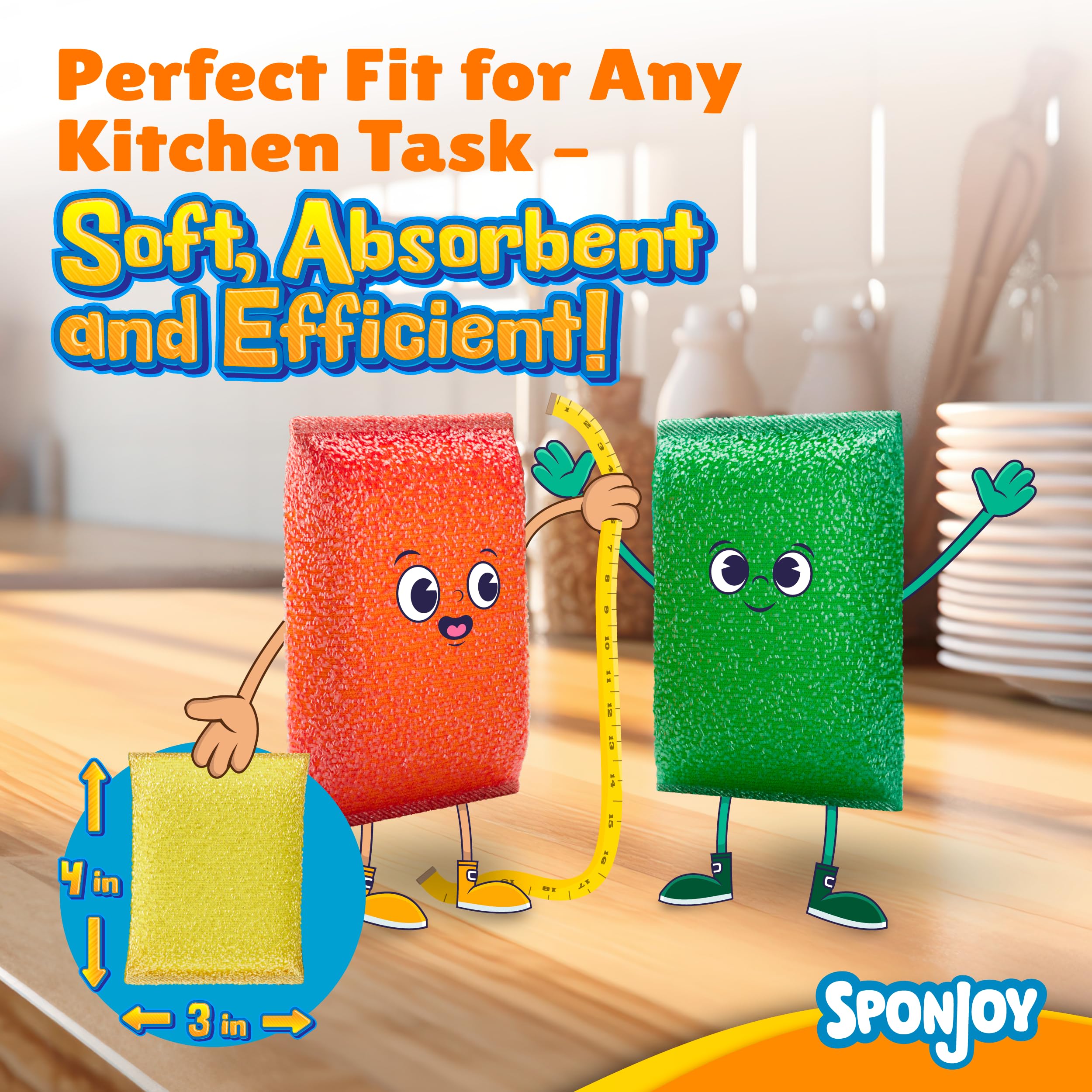 Sponjoy 6-Pack Dish Sponges Kitchen - Colorful Kitchen Sponges for Washing Dishes, Non-Scratch & Odor-Resistant Dish Sponge Bulk, Long-Lasting & Durable for Multi-Surface Cleaning, Dishwasher Safe