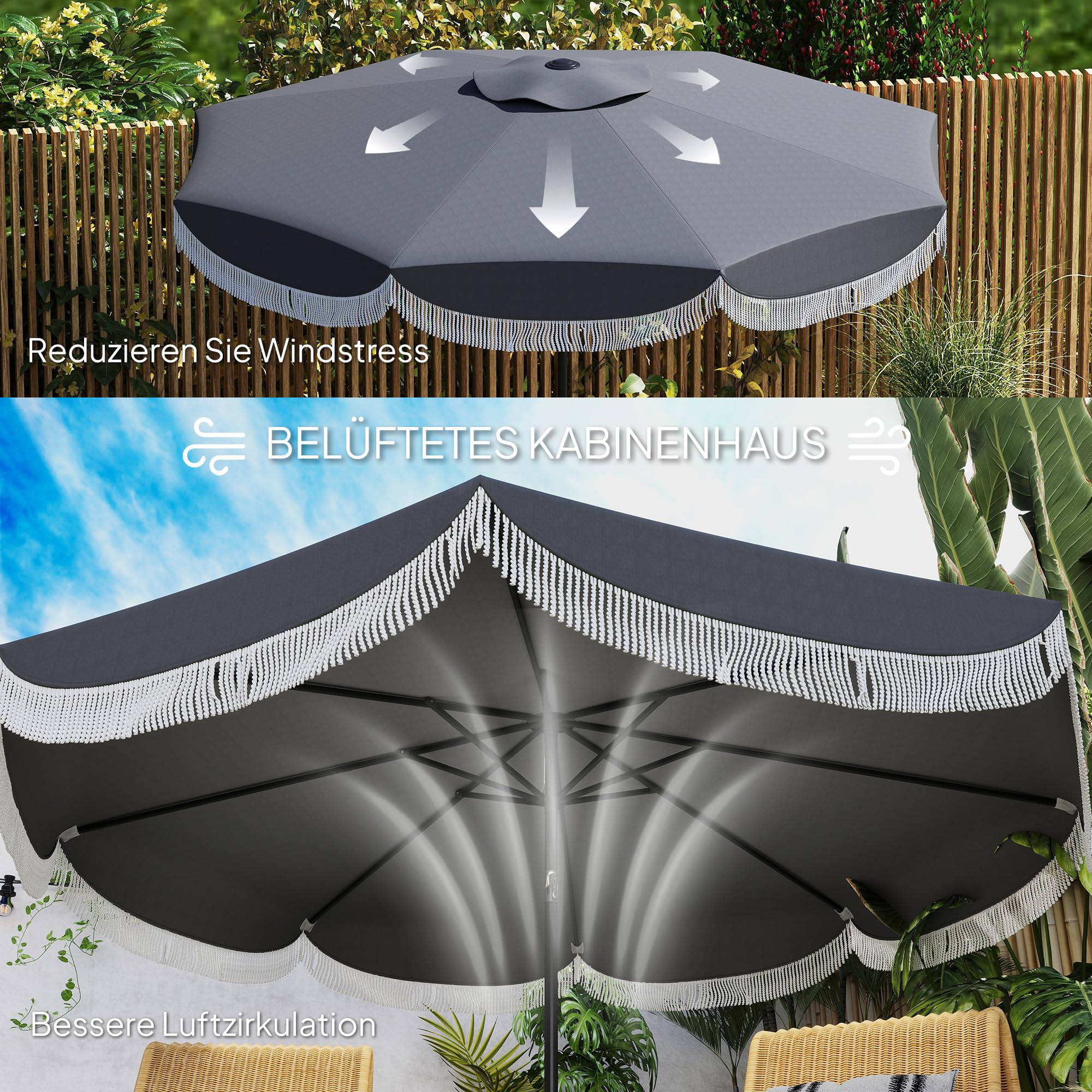 Outsunny Parasol przeciwsłoneczny, Ø 269 cm, UV 30+, ośmiokątny, na plażę, balkon, do ogrodu, kolor ciemnoszary, ciemnoszary