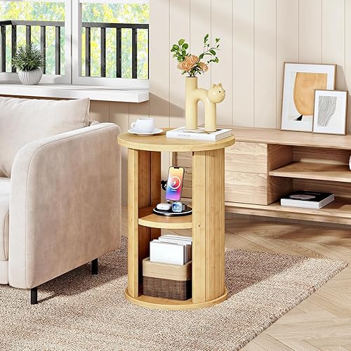 Miniatura 4 de HOOBRO Mesa auxiliar redonda pequeña, mesa auxiliar redonda de bambú de 3 niveles, mesita de noche para sofá, mesita de noche de estilo bohemio,
