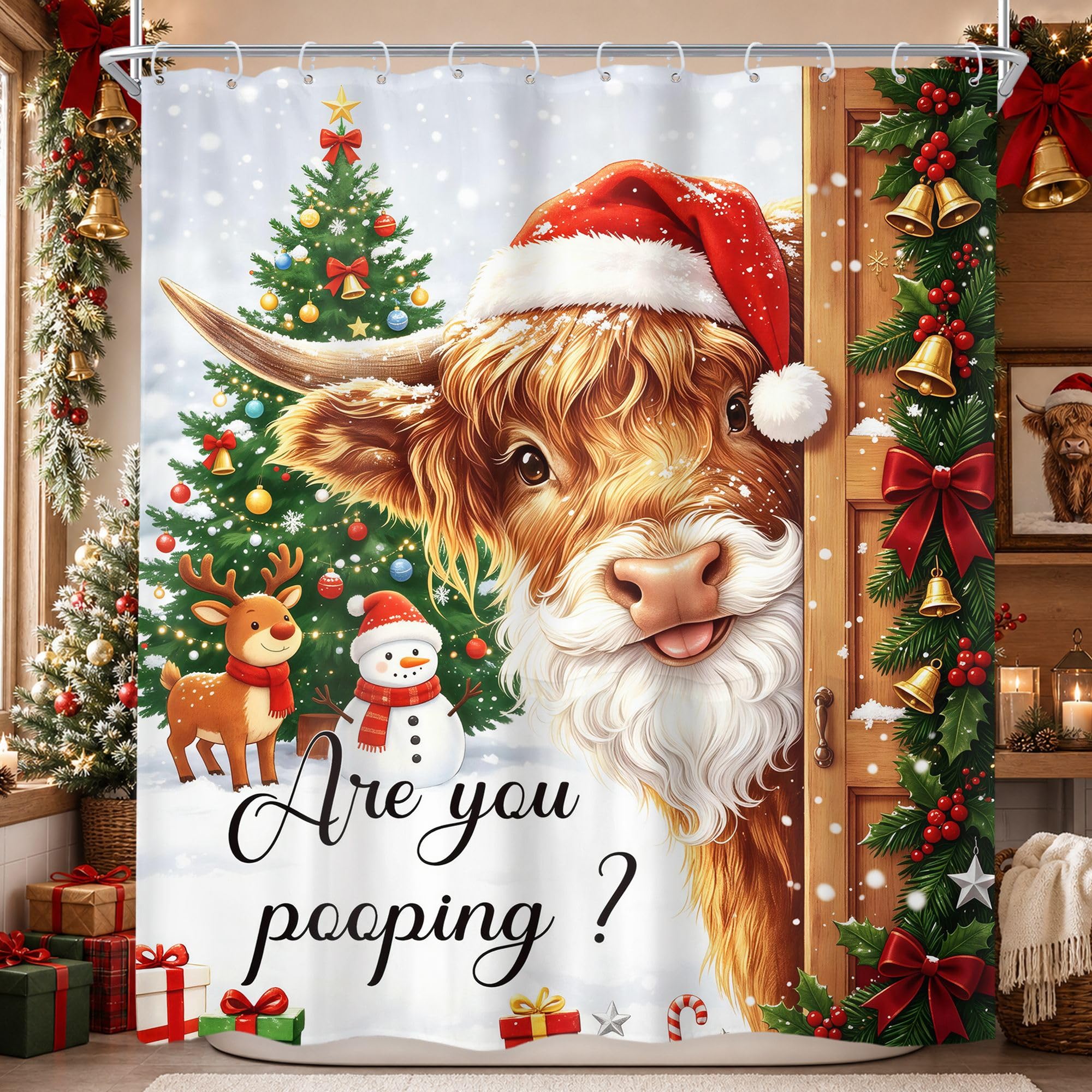 Highland Cow Funny Christams Are You Pooping Bathroom Shower Curtain Set