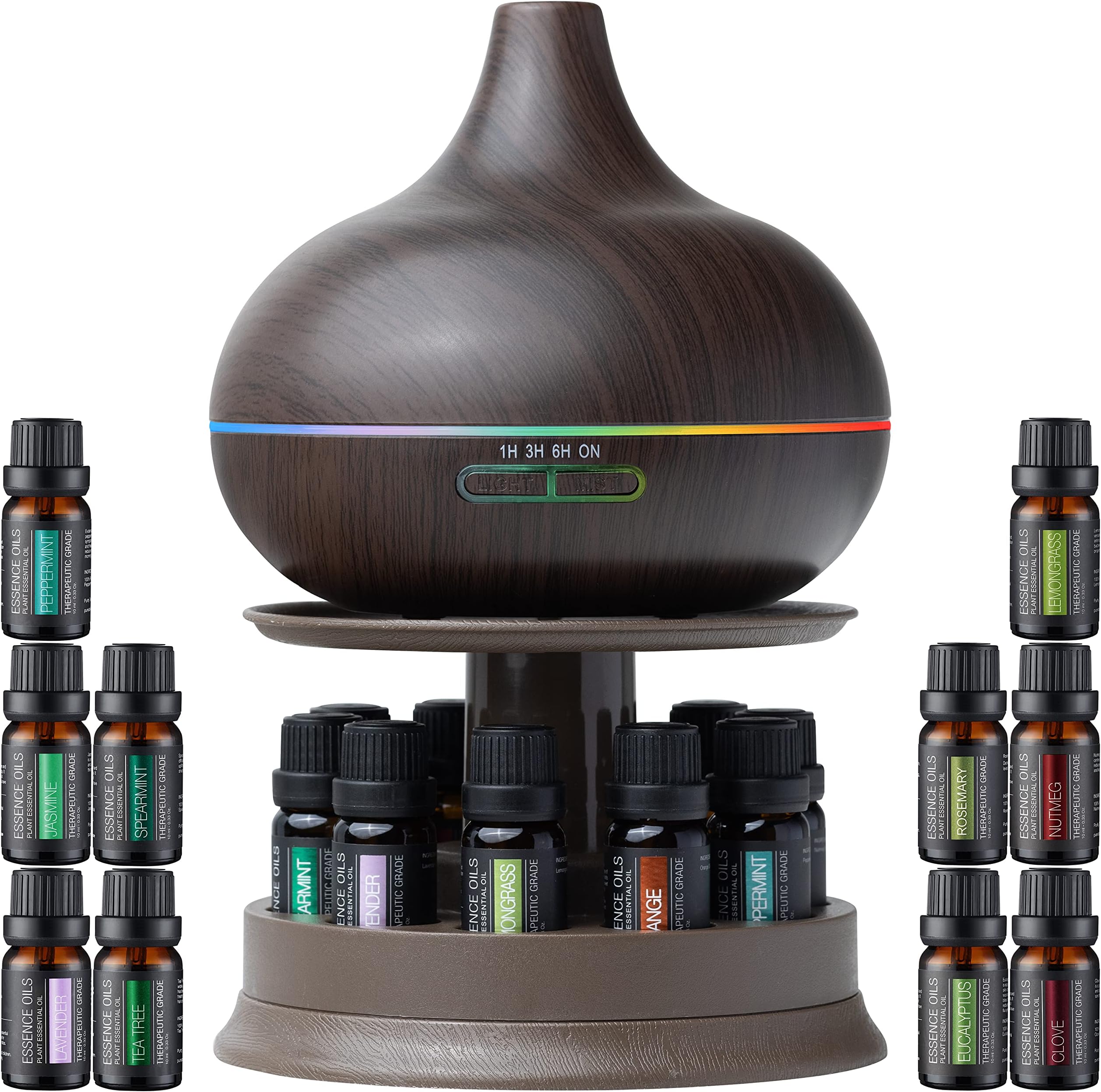 Pure Daily Care Ultimate Aromatherapy Diffuser with Essential Oil Set - 300ml Ultrasonic Diffuser, 4 Timer & 7 Ambient Light Settings - 10 Therapeutic Grade Essential Oils - Oak Wood with Stand