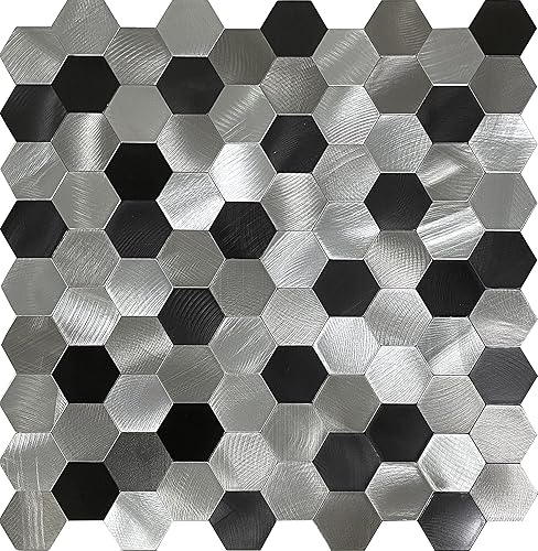 Miniatura 1 de XUANINY 5 azulejos de metal para despegar y pegar, adhesivo de mosaico de aluminio para decoración de pared de cocina, diseño hexagonal esmerilado