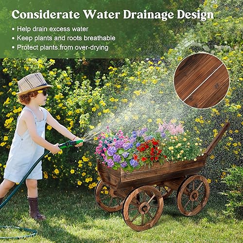 Miniatura 5 de Maceta de madera para decoración de balcón al aire libre, carrito de flores de madera rústica con ruedas para decoración de jardín exterior, maceta