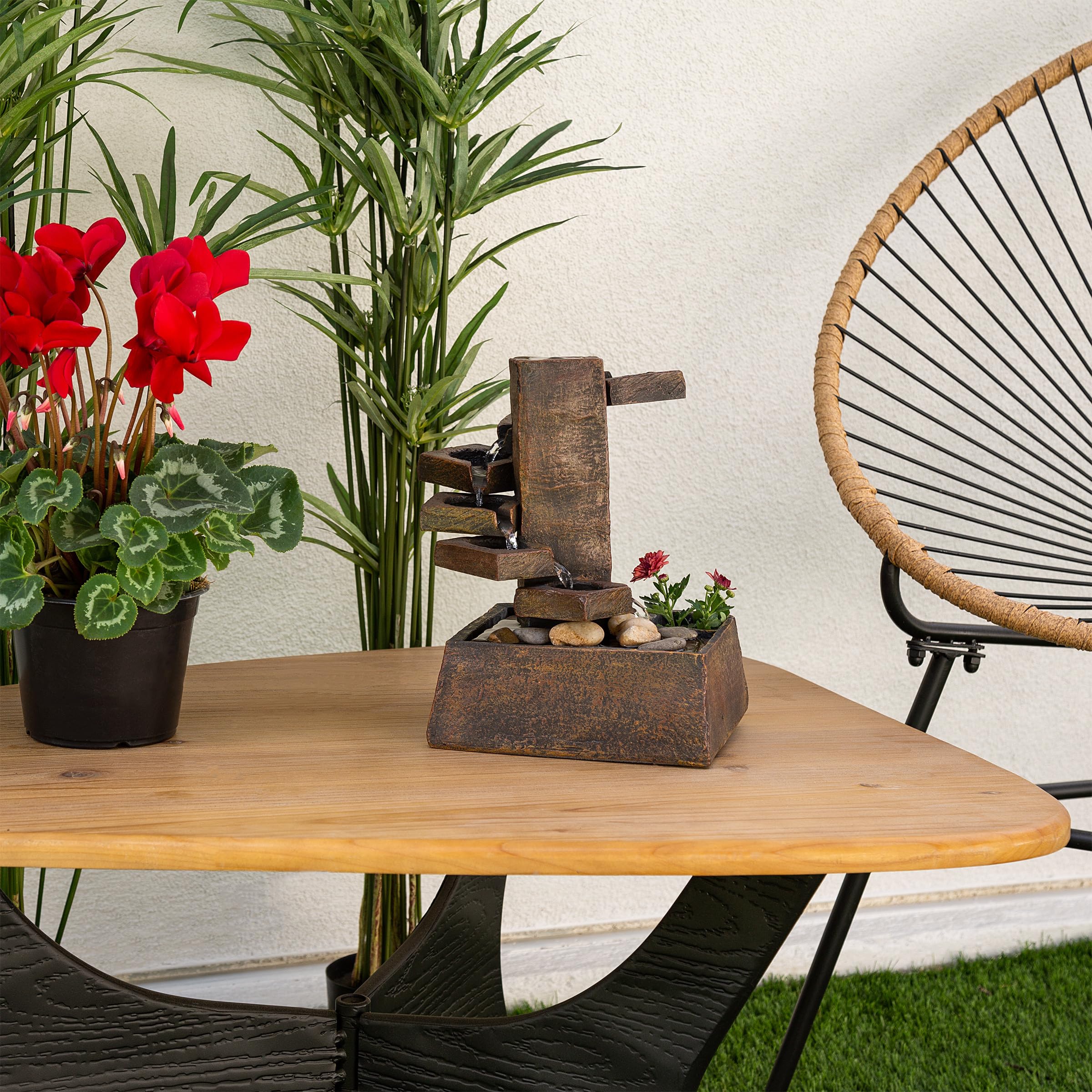 Tiered Stone Tabletop Fountain with Plant Holder