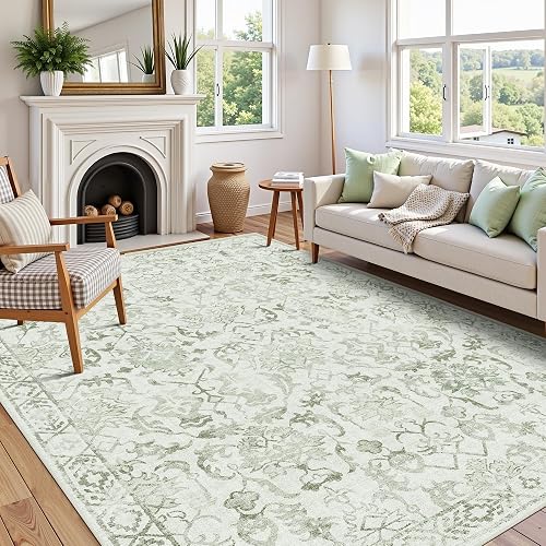 Deerly Sage Vintage Area Rug 5x7 Washable Farmhouse