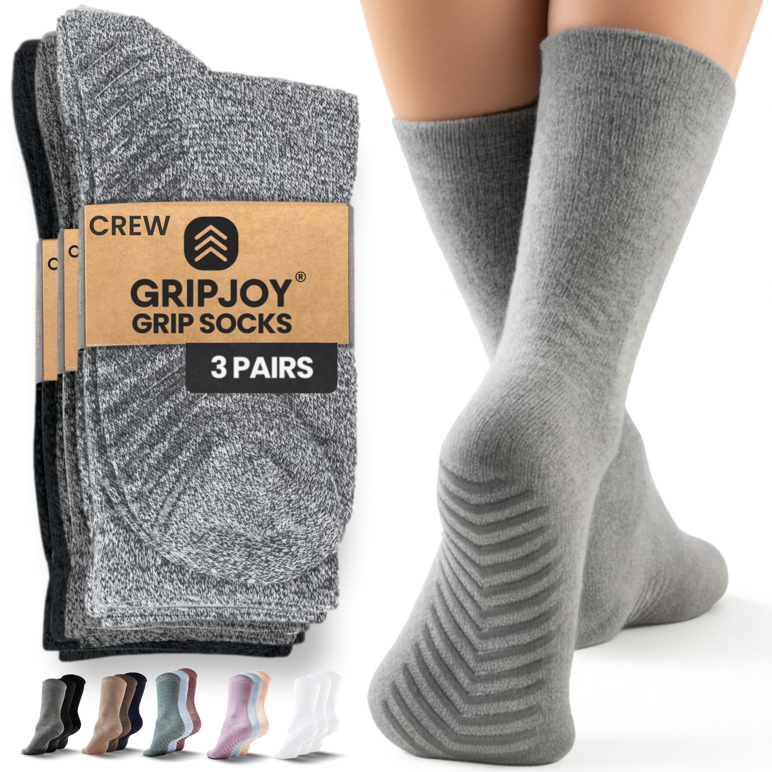 Gripjoy Non-Slip Socks for Women - Crew, 3 Pairs