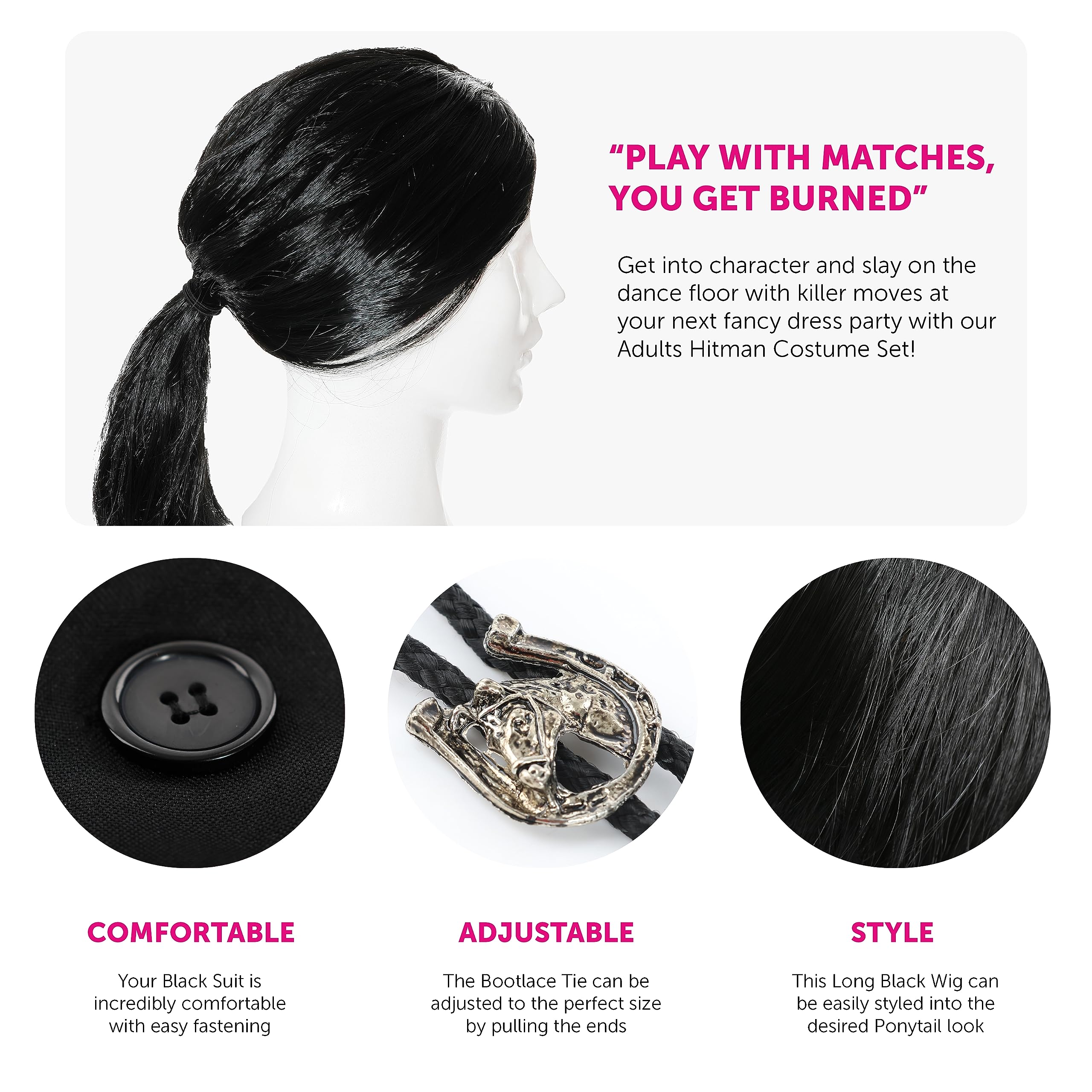 Juego de accesorios Hitman para adultos, XXL, traje, peluca larga, paquete de 2 cigarrillos falsos y corbata, perfecto para disfraces de personajes de película y otros eventos de disfraces