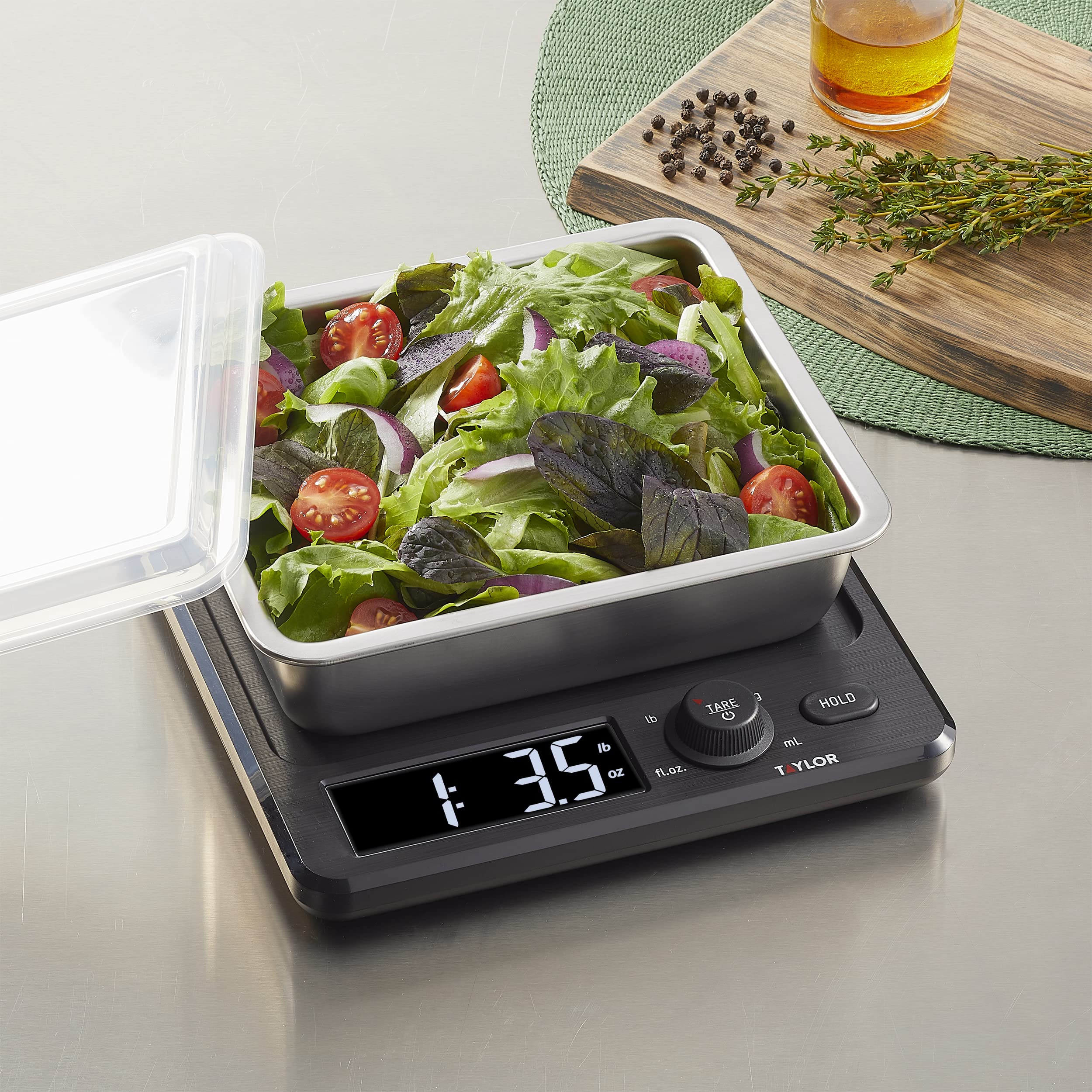 Taylor Precision Products Digital Kitchen Scale with Dishwasher Safe Stainless Steel Container and Snap On, 22 pound capacity, Black