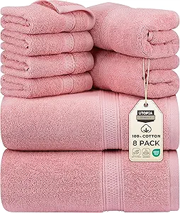 Utopia Towels 8 Piece Premium Towel Set, 2 Bath, 2 Hand, and 4 Wash Cloths, 600 GSM 100% Ring Spun Cotton, Highly Absorbent Towels for Bathroom, Gym, Hotel, and Spa, Dusty Pink