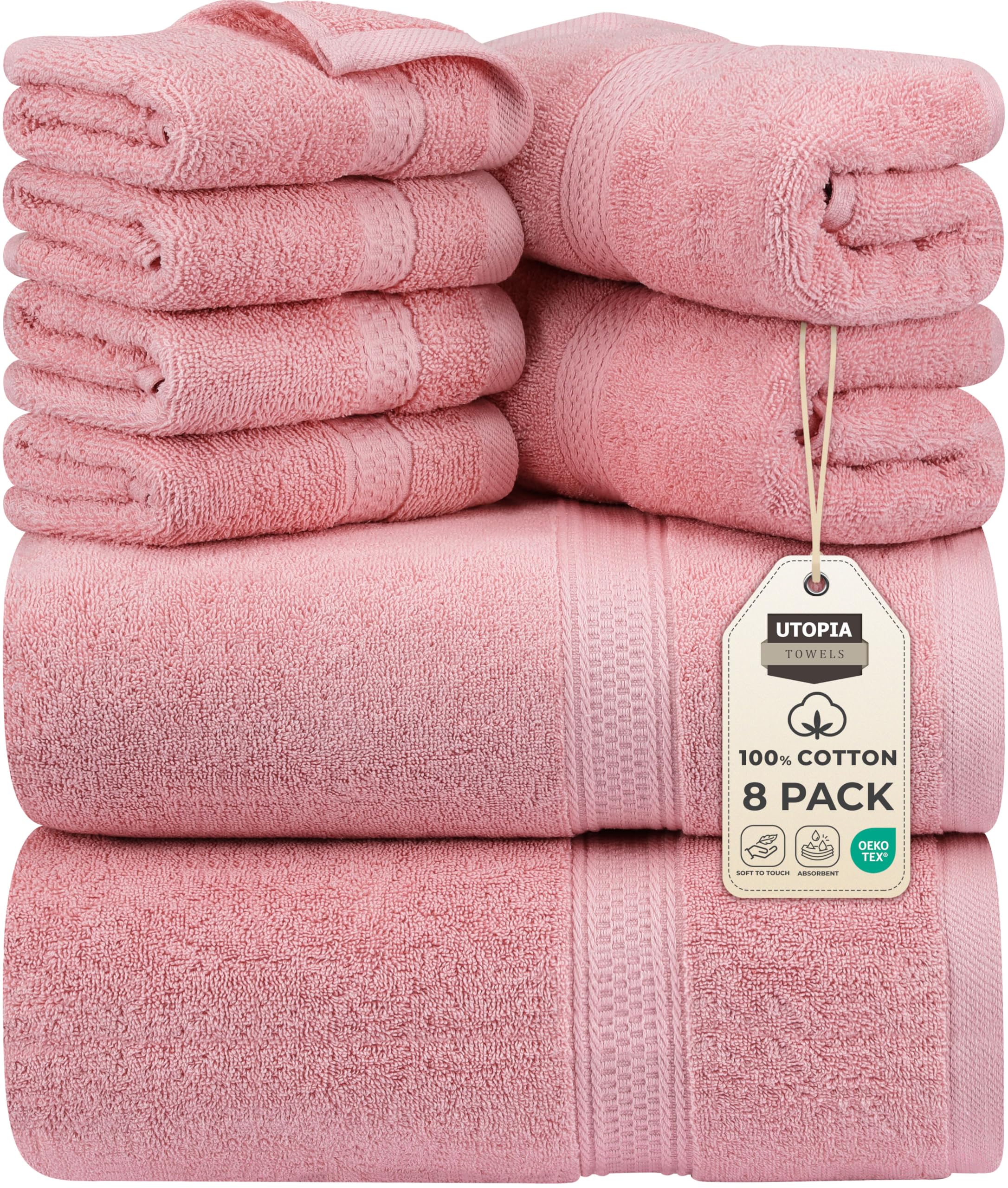 Utopia Towels 8 Piece Premium Towel Set, 2 Bath, 2 Hand, and 4 Wash Cloths, 600 GSM 100% Ring Spun Cotton, Highly Absorbent Towels for Bathroom, Gym, Hotel, and Spa, Dusty Pink