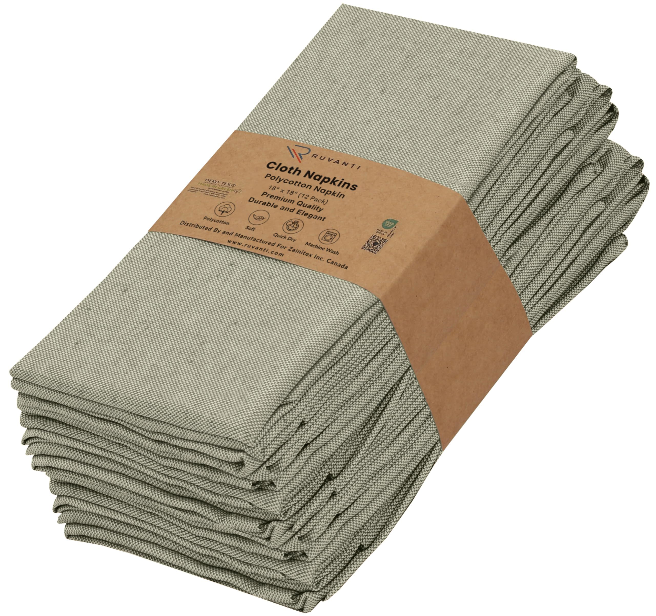 Ruvanti Cloth Napkins Set of 12, 18x18 Reusable Napkins, Polycotton Chambray Dinner Napkins for Parties, Christmas, Thanksgiving, Weddings - Olive Branch