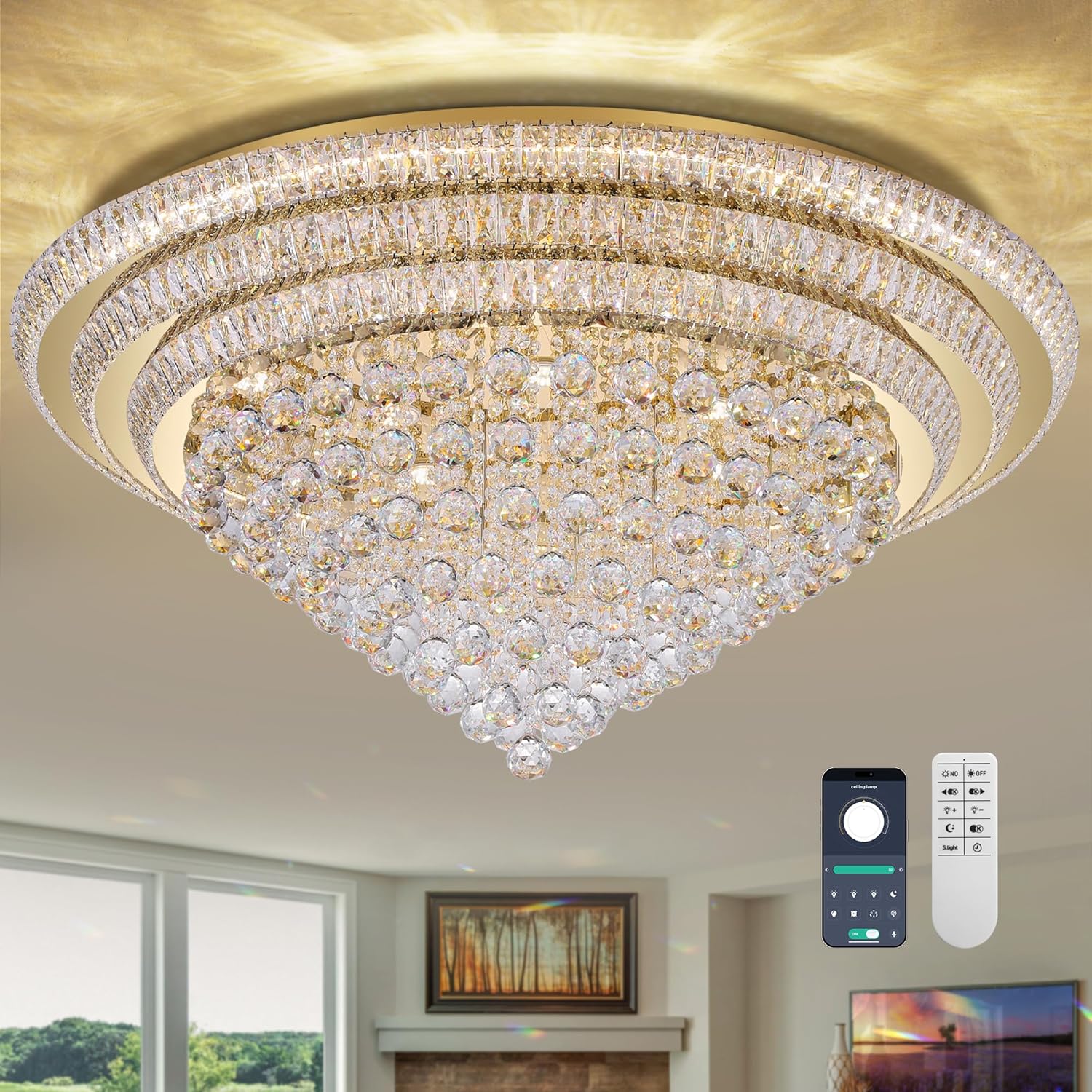 COCOSTAR 40" Gold Crystal Chandeliers, Flush Mount Chandelier LED Ceiling Light, Modern Crystal Raindrop Chandeliers for Dining Room, Living Room, Bedroom