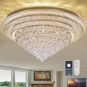 COCOSTAR 40" Gold Crystal Chandeliers, Flush Mount Chandelier LED Ceiling Light, Modern Crystal Raindrop Chandeliers for Dining Room, Living Room, Bedroom