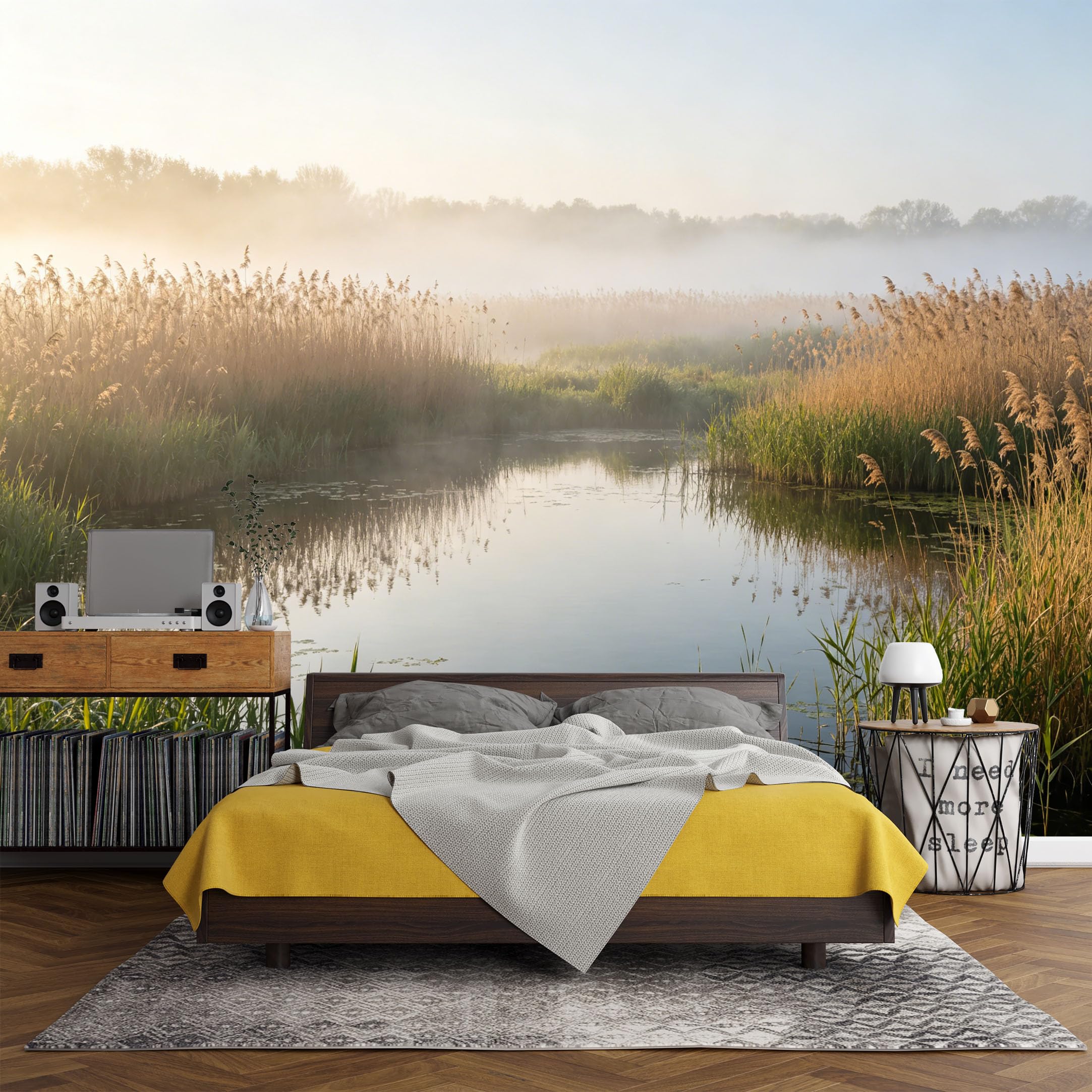 Custom Size Wall Mural， Landscape Morning Mist River Reeds Marsh Reflection Nature Scenery，SelfAdhesive Art Prints wall Fabric (No PVC) Removable Wallpaper Living Room Decor