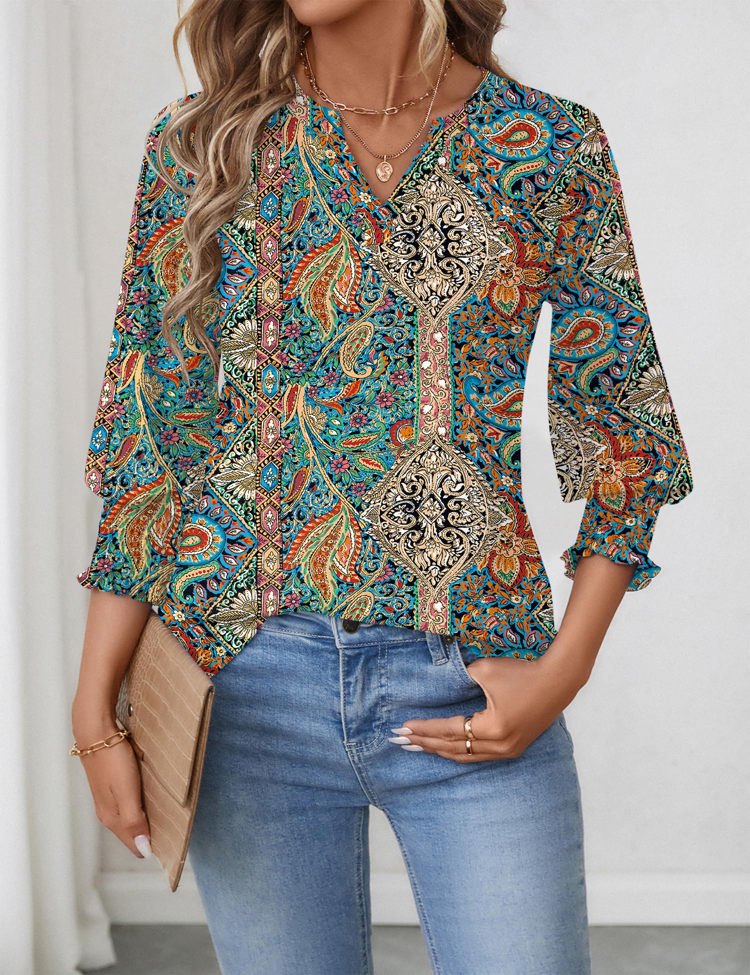 Rapbin Blusa para mujer de manga 3/4 con cuello de pico, túnica, holgada, elegante, informal