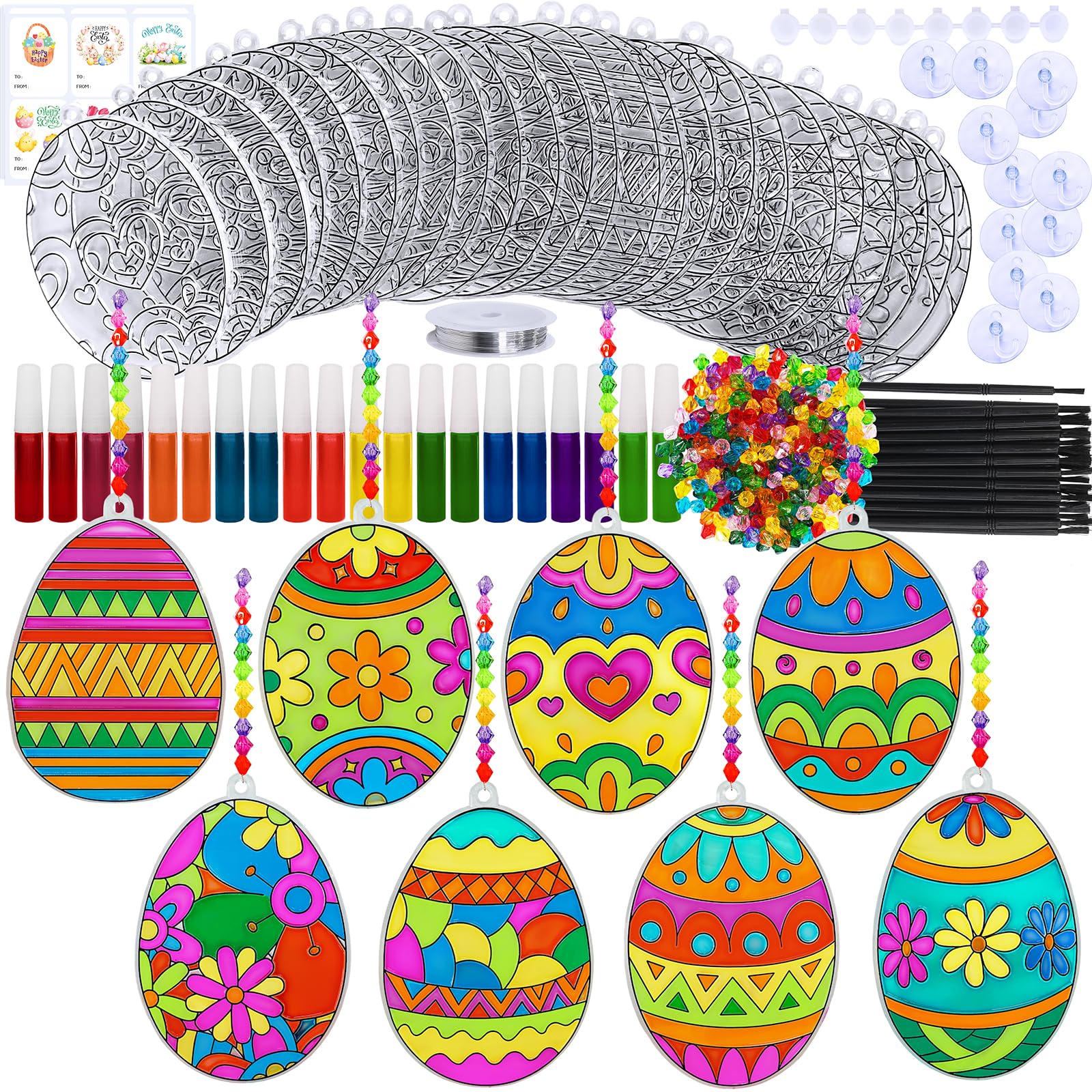 Photo 1 of Winlyn 24 Sets Easter Egg Suncatcher Ornaments Decorations DIY Window Paint Art Stickers Craft Kits 8 Styles Easter Egg Suncatchers for Kids Classroom Easter Spring Activities Art Project Party Favors