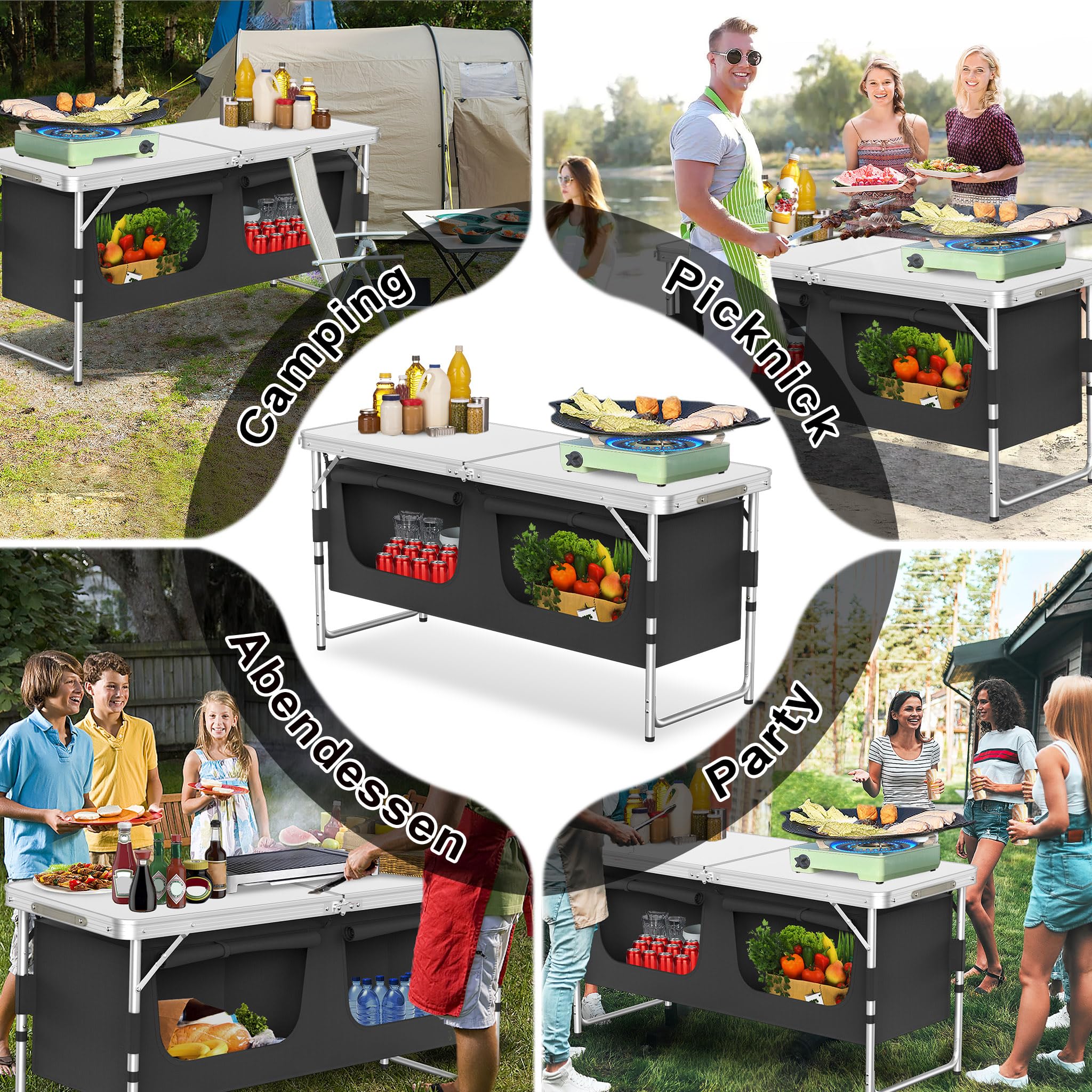 LILIIN Campingschrank Campingküche 120x47x68cm Outdoor-Reiseküche mit Aluminiumrahmen Camping-Schrank Klappbarer Outdoor Küche mit Tragetasche für Camping, Grillen und Picknicks im Freien