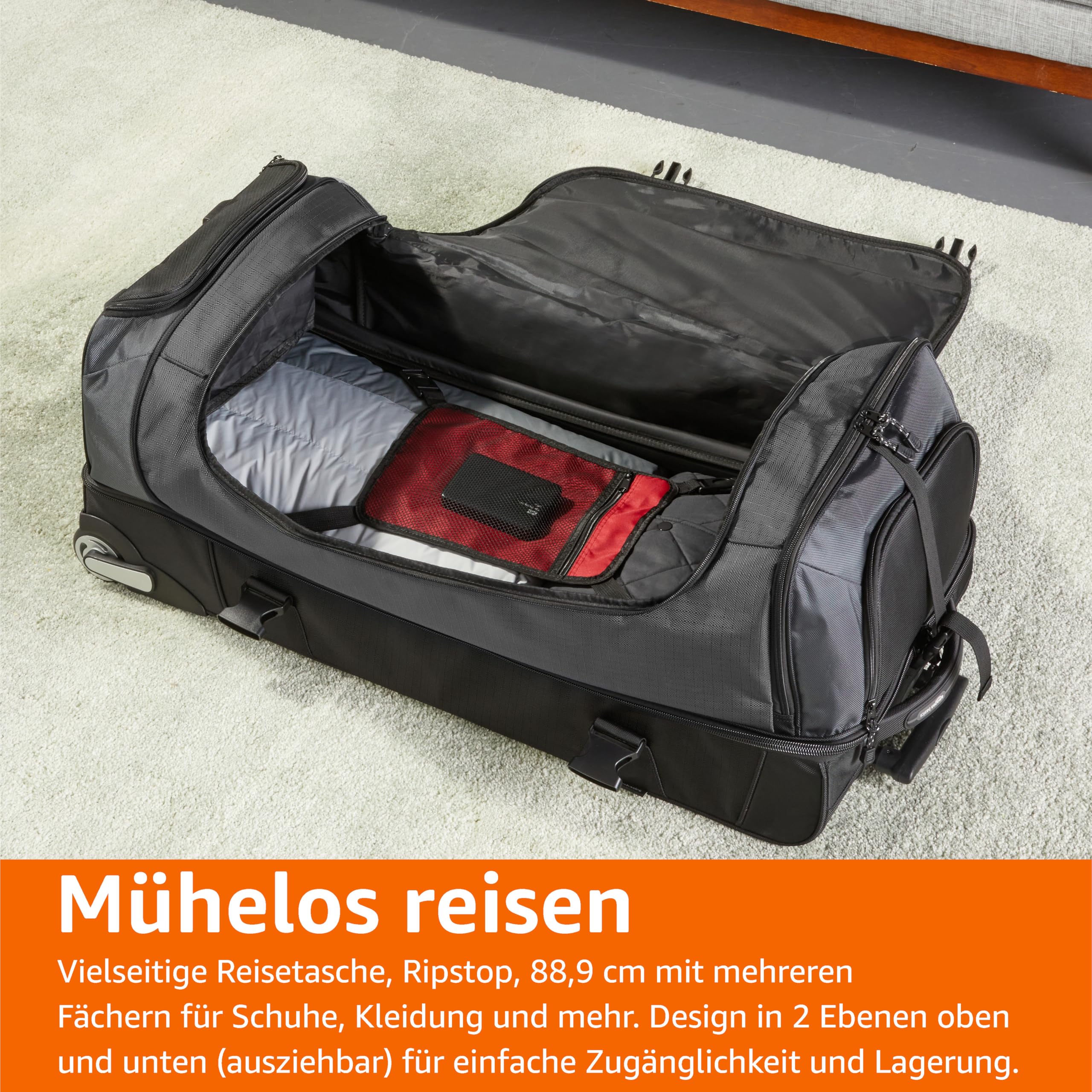 Amazon Basics Reisetasche mit Rollen, 137L, Leichter und Langlebiges Trolley aus Ripstop-Gewebe, Großes Fassungsvermögen mit Teleskopgriff, Ideal für Reisen, Arbeit und Freizeit, Schwarz