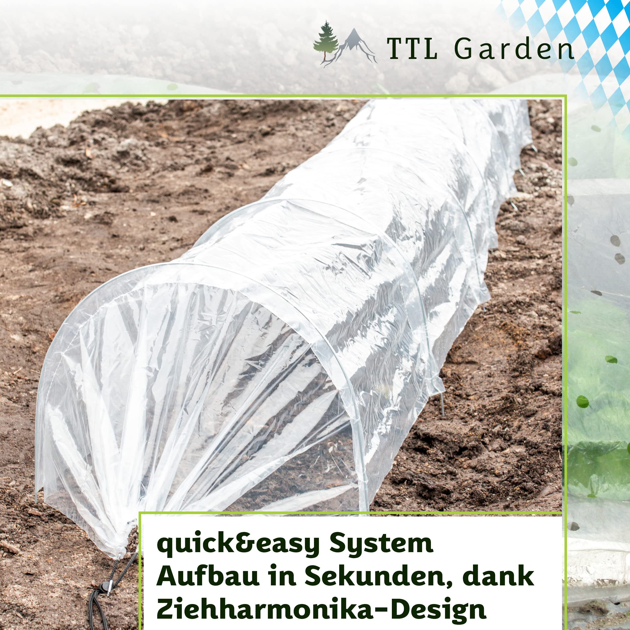 TTL GARDEN Quick&Easy Tunnel en film plastique 300 x 45 x 30 cm avec film polyéthylène – Tunnel en film plastique de 3 m immédiatement utilisable avec cordon 7 arcs de tunnels, pour plate-bande