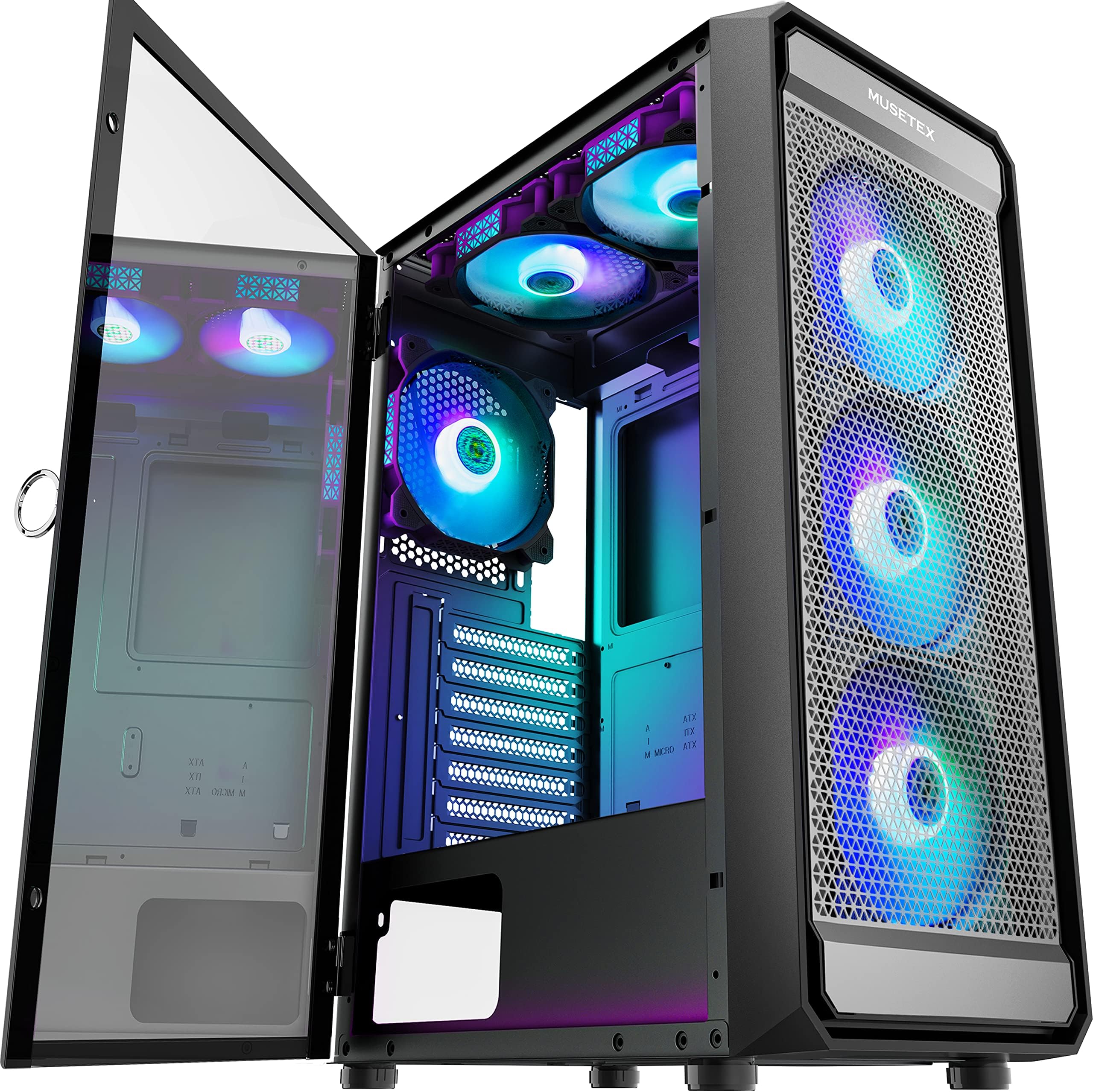 MUSETEX ATX PC Case Pre-Installed 6Pcs 120mm ARGB Fans, Computer Gaming Cases with Type-C Port and USB 3.0, Mid Tower Case with Mesh Front Panel and Tempered Glass Side Door, Y4