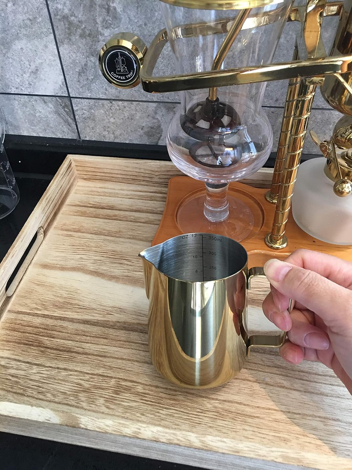 Milk Frothing Pitcher 12oz Stainless Steel Perfect for Latte Art,Espresso Maker,Cappuccino Maker-18/8 Stainless Steel Milk Frother 350ml Steaming Pitcher Golden