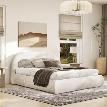 Grounded Bed Frame - Chenille White Bed Frames with Arch-Shaped Headboard and Wooden Slat Support, Upholstered Platform Bed for Bedroom, No Box Spring Required Queen