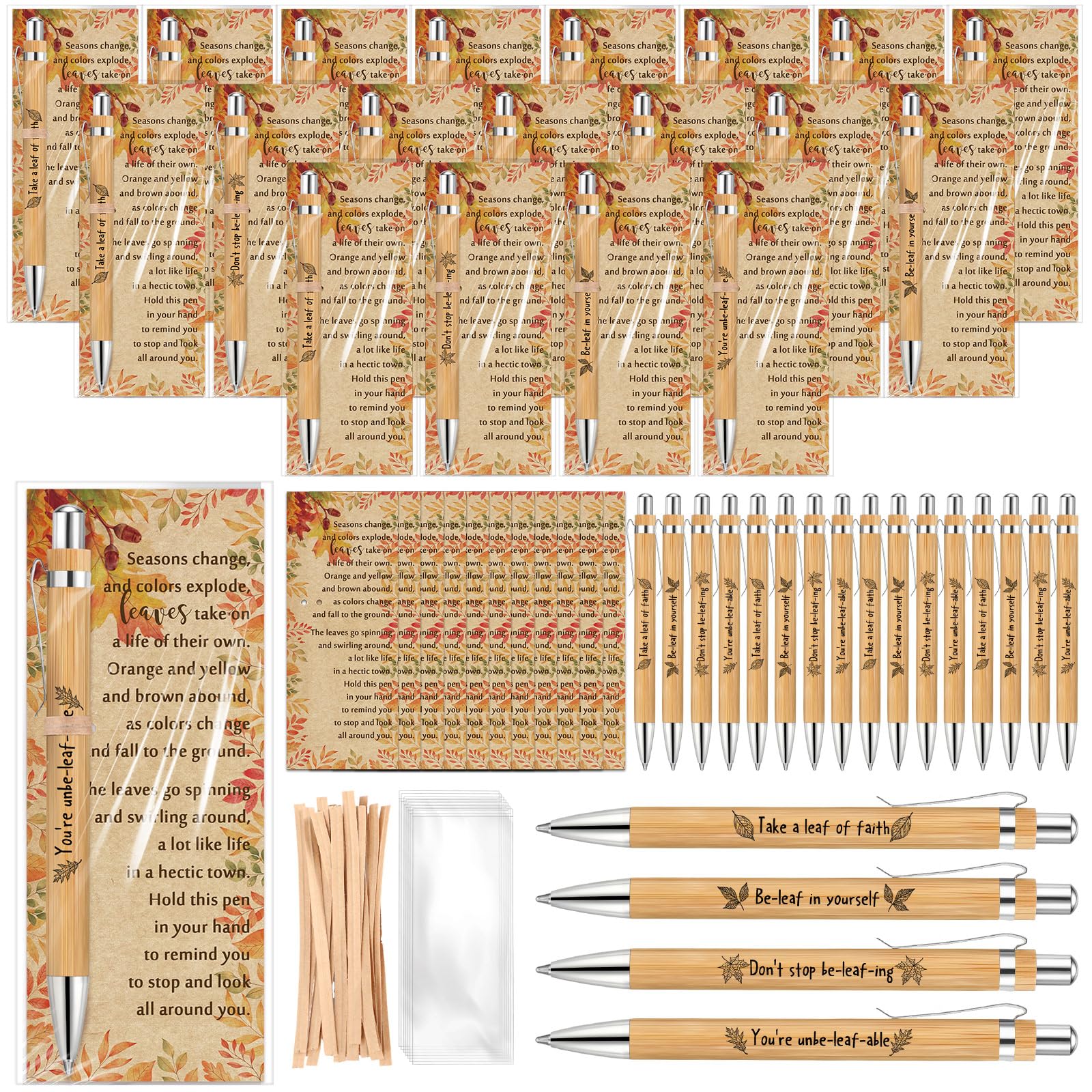 Sayglossy36 Sets Inspirational Thanksgiving Gifts Set Fall Sign Bamboo Ballpoint Pen Motivational Be-leaf in yourself Pens with Kraft Greeting Cards for Coworker Teacher Student Office Party Favor