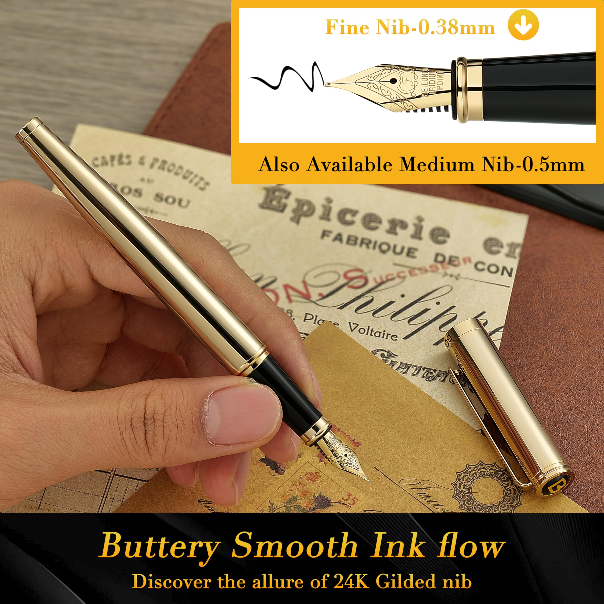 BEILUNER Estilográfica de Lujo, Acabado y Plumín Oro 24K, Regalo Confiable con Convertidor para Él y Ella, Pluma Elegante Oficina - Oro, Plumín Fino