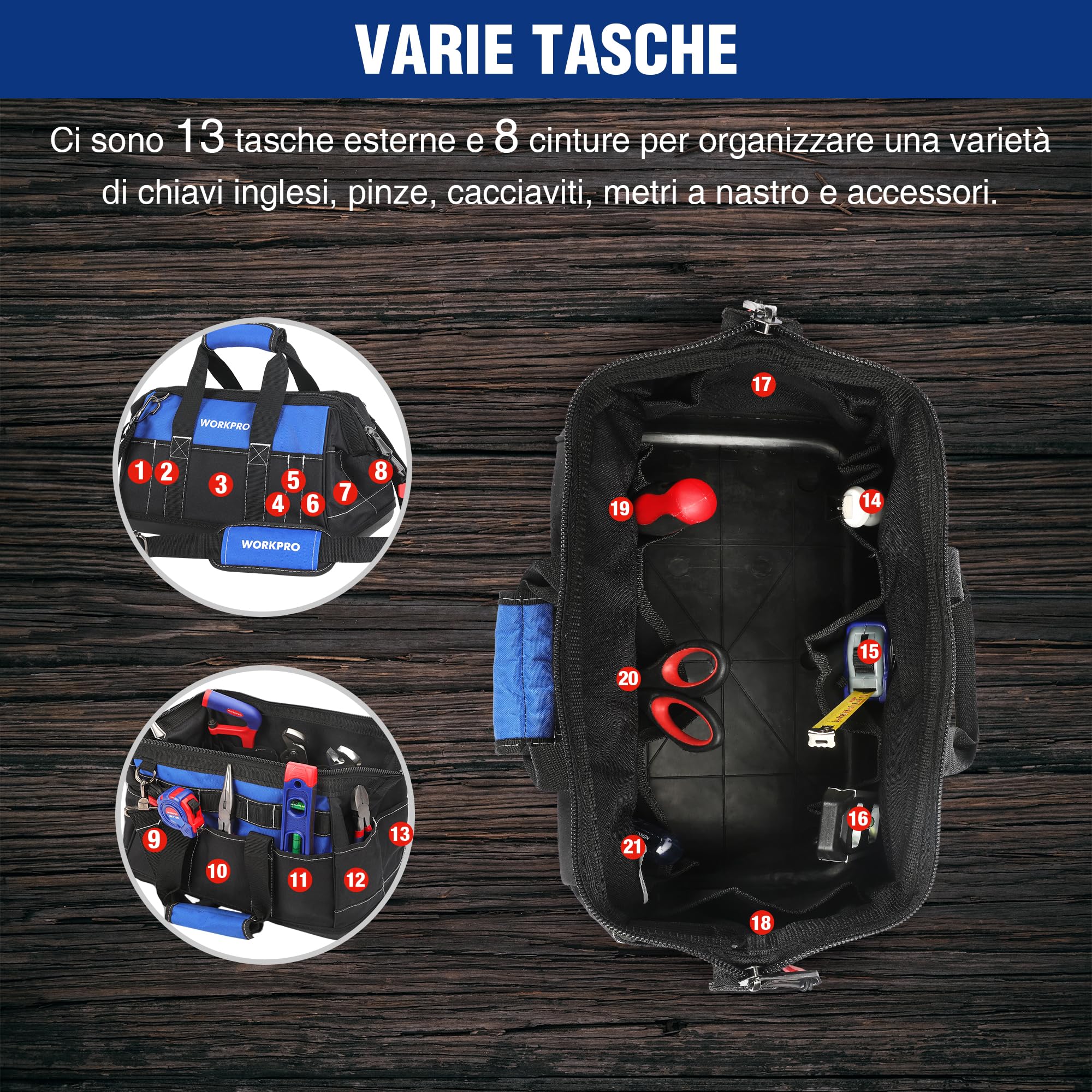 WORKPRO Borsa porta Attrezzi Lavoro a Bocca Ampia 40 x 22 x 26 cm, Multitasche per Impieghi Pesanti, con Base Rigida in Plastica Impermeabile, Portautensili