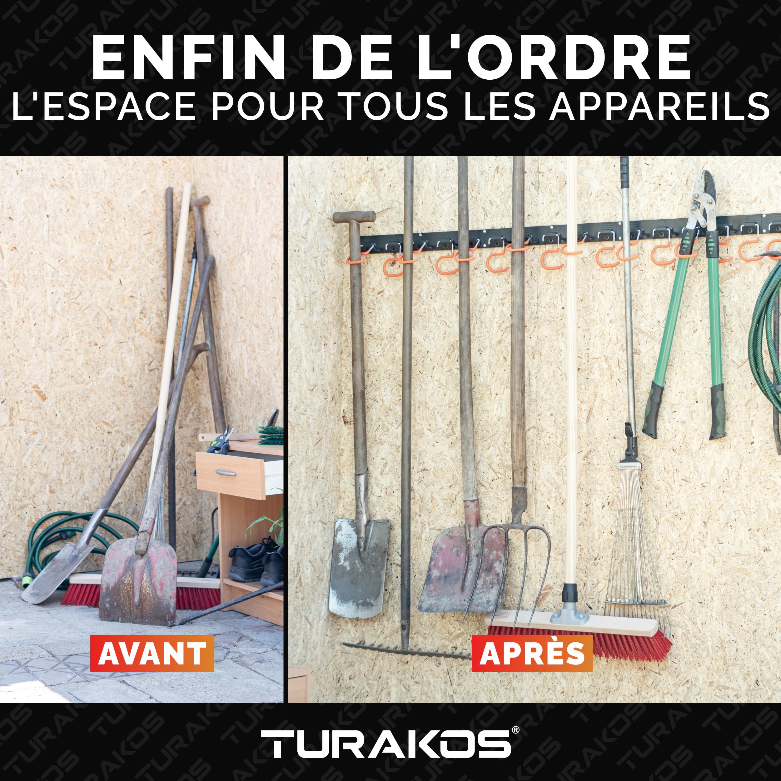 Support outils jardin - 4 x 40cm - porte outils de jardin mural en gomme antidérapant - crochet mural garage