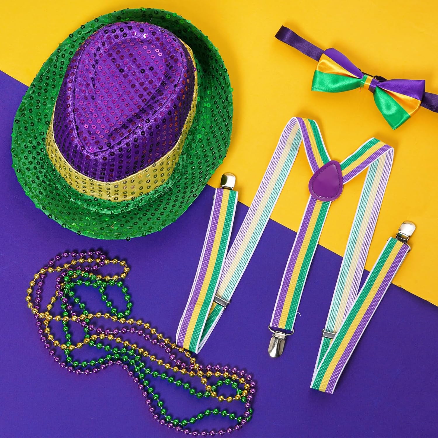 6Pcs Mardi Gras Accessories Set for Men Women - Sequin Cowboy Hat, Bow Tie, Suspender, 3Pcs Beads Necklaces - Image 5