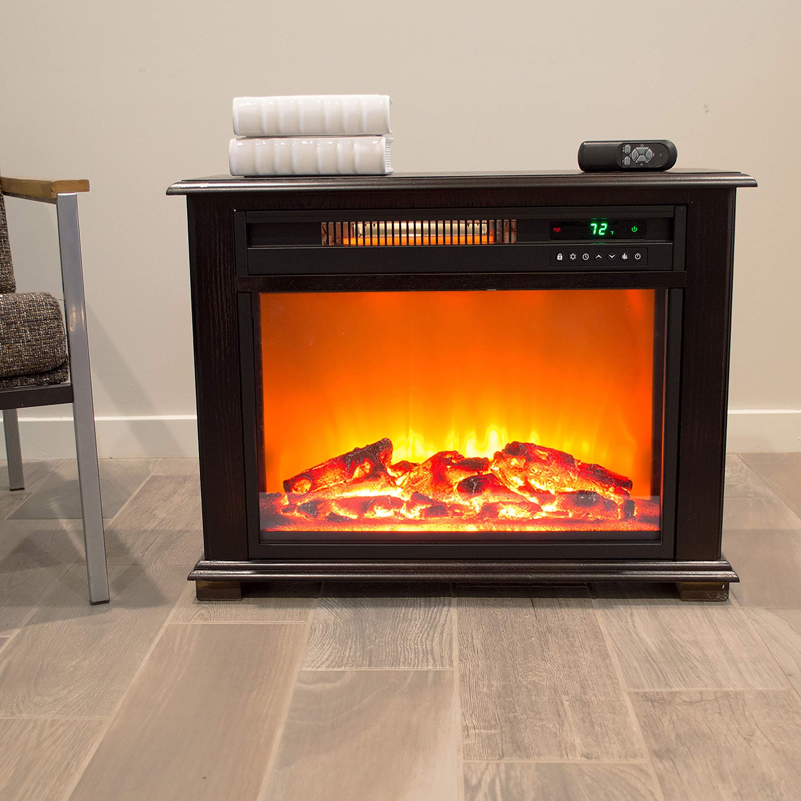 LifeSmart Portable Dark Walnut 3-Quartz Infrared Fireplace Heater with Remote Control and Timer | 3 Settings | Cool Touch Exterior | Tip Over Safety Switch | MDFP2090US