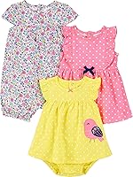 Simple Joys by Carter's Baby Girls 3-Pack Romper, Sunsuit & Dress - Soft Breathable Cotton, Easy Snaps, Fun Prints