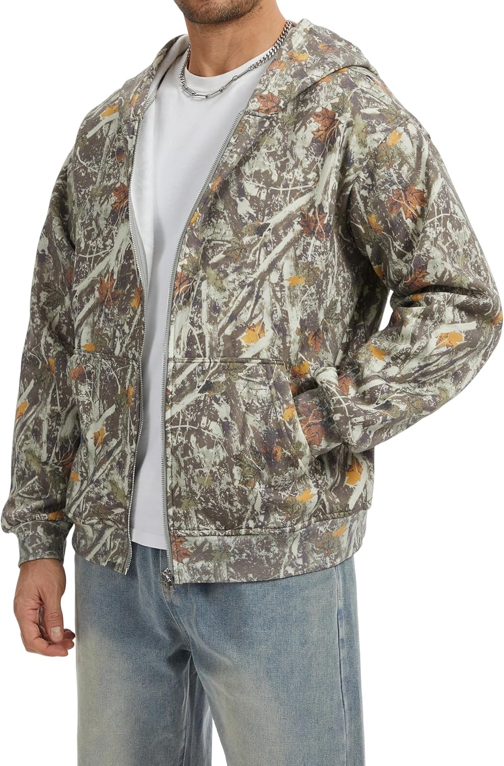 Camo Zip up Hoodie Men Full-Zip Fleece Hoodies Oversized Hooded Sweatshirts Maple Leaf Print Long Sleeve Sweatshirt