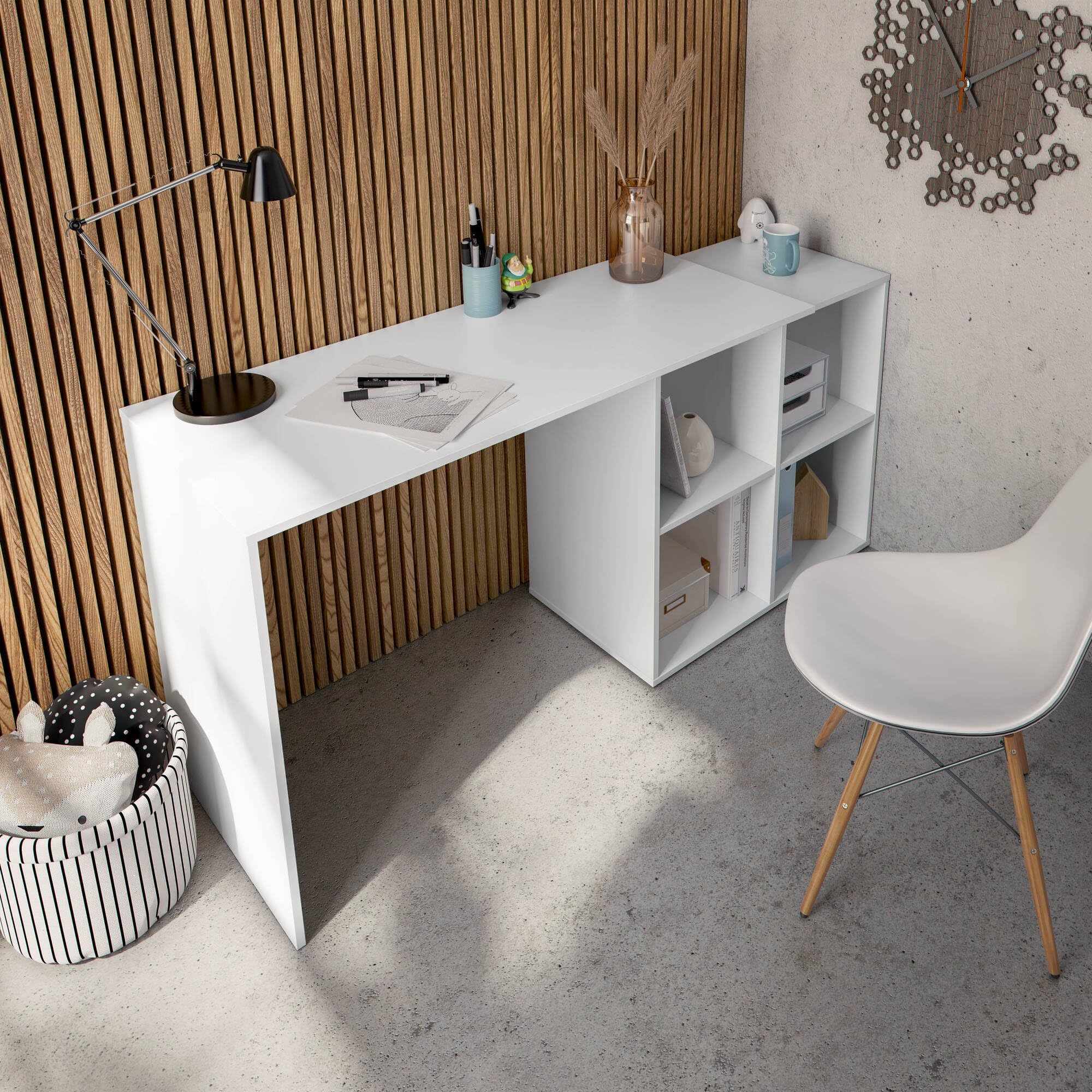 Dmora - Scrivania Revere, Scrittoio angolare, Tavolo ufficio multiuso, Scrivania salvaspazio multiposizione, 152x49h74 cm, Bianco