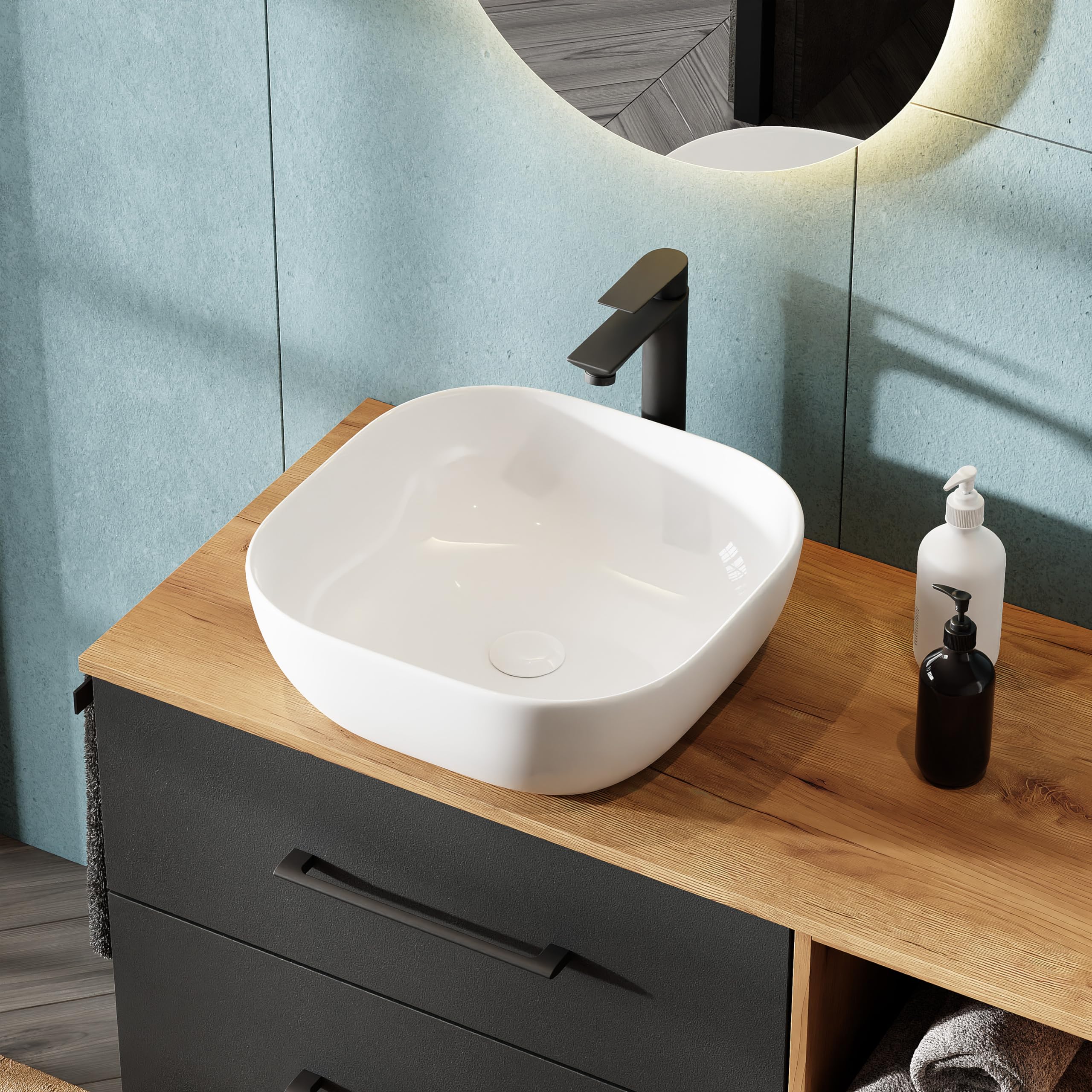 Planetmöbel Aquil Deluxe umywalka Square | Umywalka nablatowa do łazienki i WC dla gości | Umywalka do ręcznego spłukiwania bez otworu na baterię i przelewu | biała, 42,5 x 42,5 x14 cm