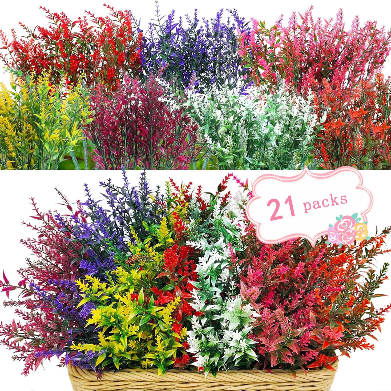 21 Bundles Faux Plants Outdoor Fake Flowers Artificial Flowers Fake Shrubs Greenery Bushes Bouquet UV Resistant Faux Bushes Plastic for Home Garden Decor (7 Colors)