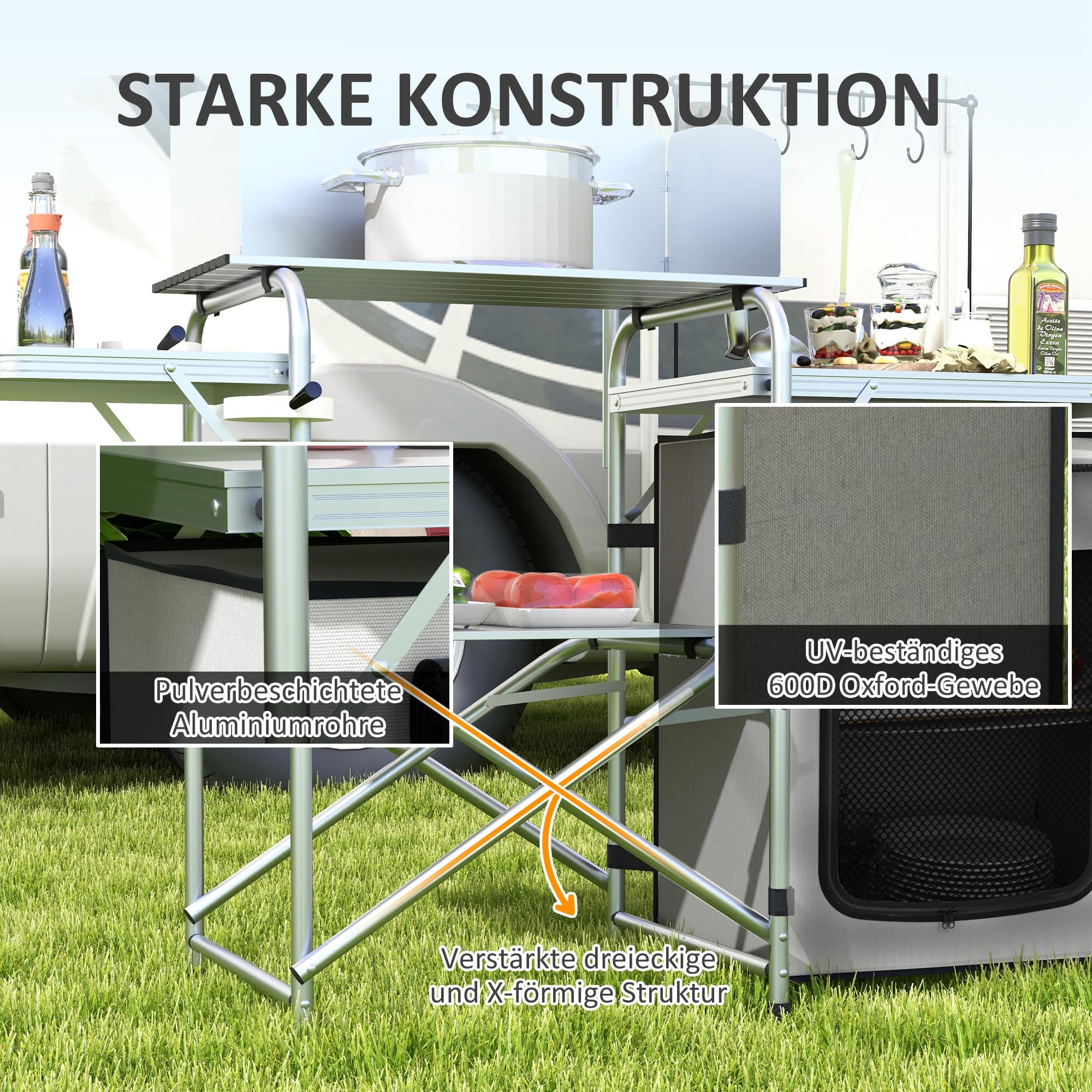 Outsunny Campingküche klappbar, Outdoor Küche mit Windschutz, UV-Schutz, 3 Arbeitsplatten, Schränkfach, Lichtständer, Aluminium, für Garten Camping, Silber