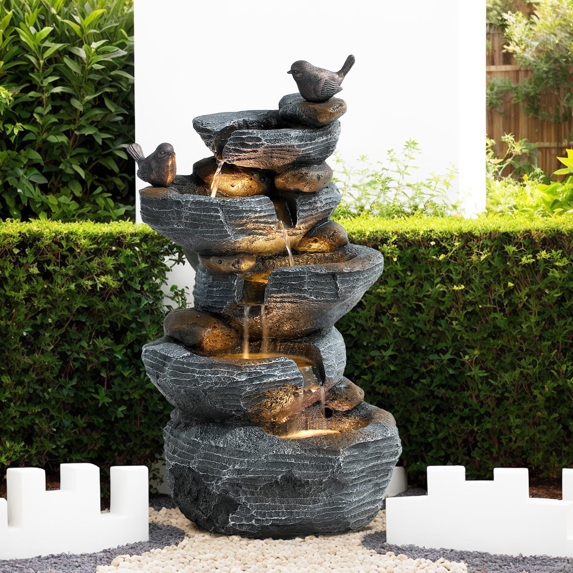 Outdoor Cascading Bird Water Fountain, 5-Tier Floor Natural Looking Rock Fountains with LED Pump Birds Decor, Freestanding Resin Fountain and Cascading Water Feature for Patio Garden, Grey-image-24