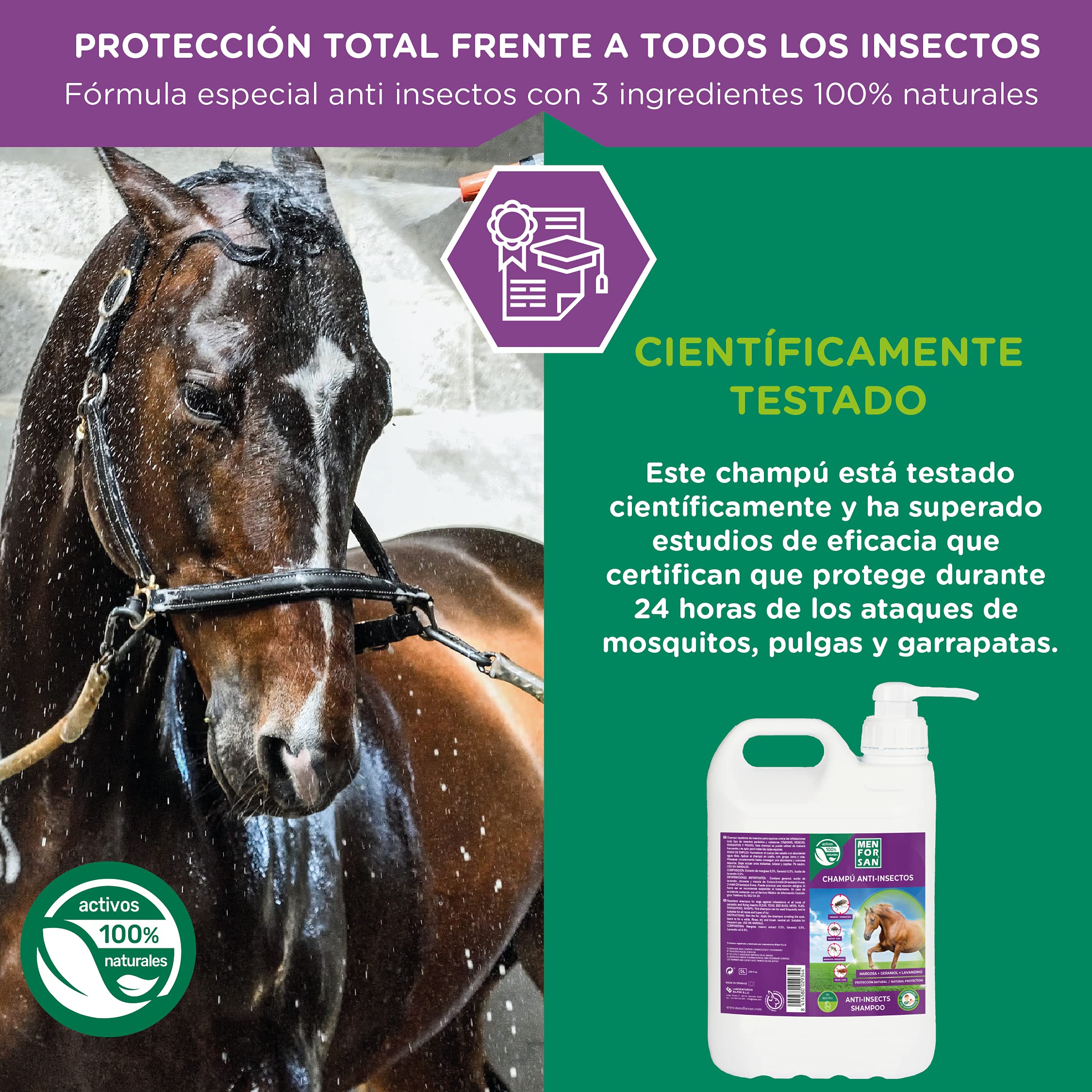 MENFORSAN Shampooing Anti-Puces pour Chevaux 5L, avec Margosa, Geraniol et Lavandin, Protège Contre Tous Les Insectes