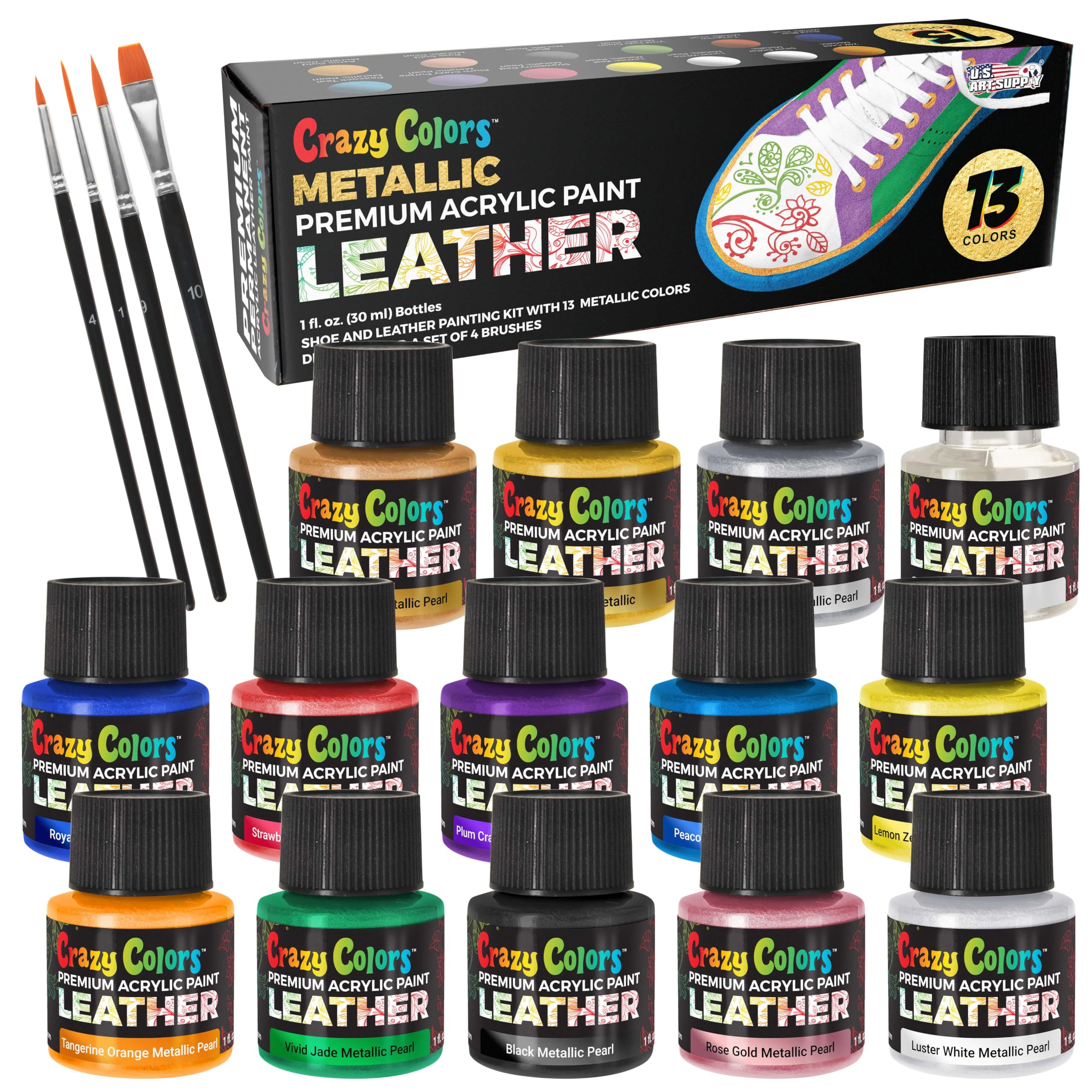 Premium Acrylic Shoe & Leather Paint Kit 13 Metallic Pearl Colors with 4 Brushes (1 oz Bottles) - Acrylic Leather Paint for Shoes, Sneakers, Jackets, Bags, Purses, Furniture