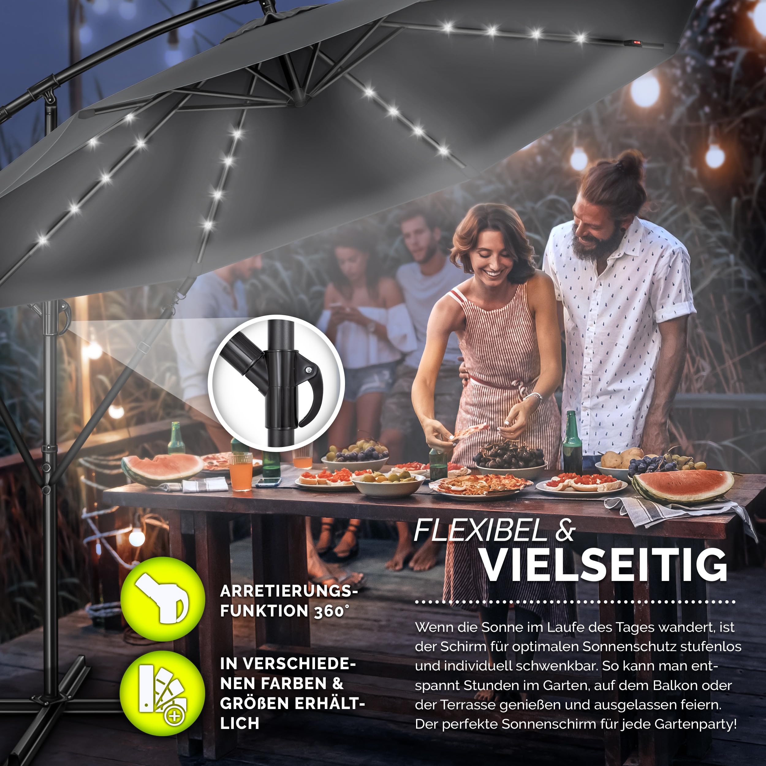 tillvex Alu Ampelschirm + Abdeckung LED Solar Ø 300 cm mit Kurbel, Abdeckung + Ständer | Sonnenschirm mit Windschutz | Gartenschirm UV-Schutz Aluminium | Kurbelschirm Marktschirm wasserdicht