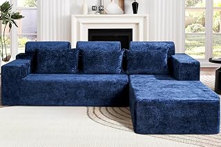 Homguava Modular Sectional Couches for Living Room,105" Cloud Couch with L-Shape Chaise,Comfy Sofa Living Room Couch with Deep Seat,No Assembly L Couch,Luxury Distressed Velvet(Blue,R)