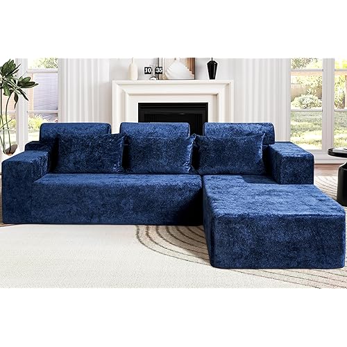 Homguava Modular Sectional Couches for Living Room,105" Cloud Couch with L-Shape Chaise,Comfy Sofa Living Room Couch with Deep Seat,No Assembly L Couch,Luxury Distressed Velvet(Blue,R)