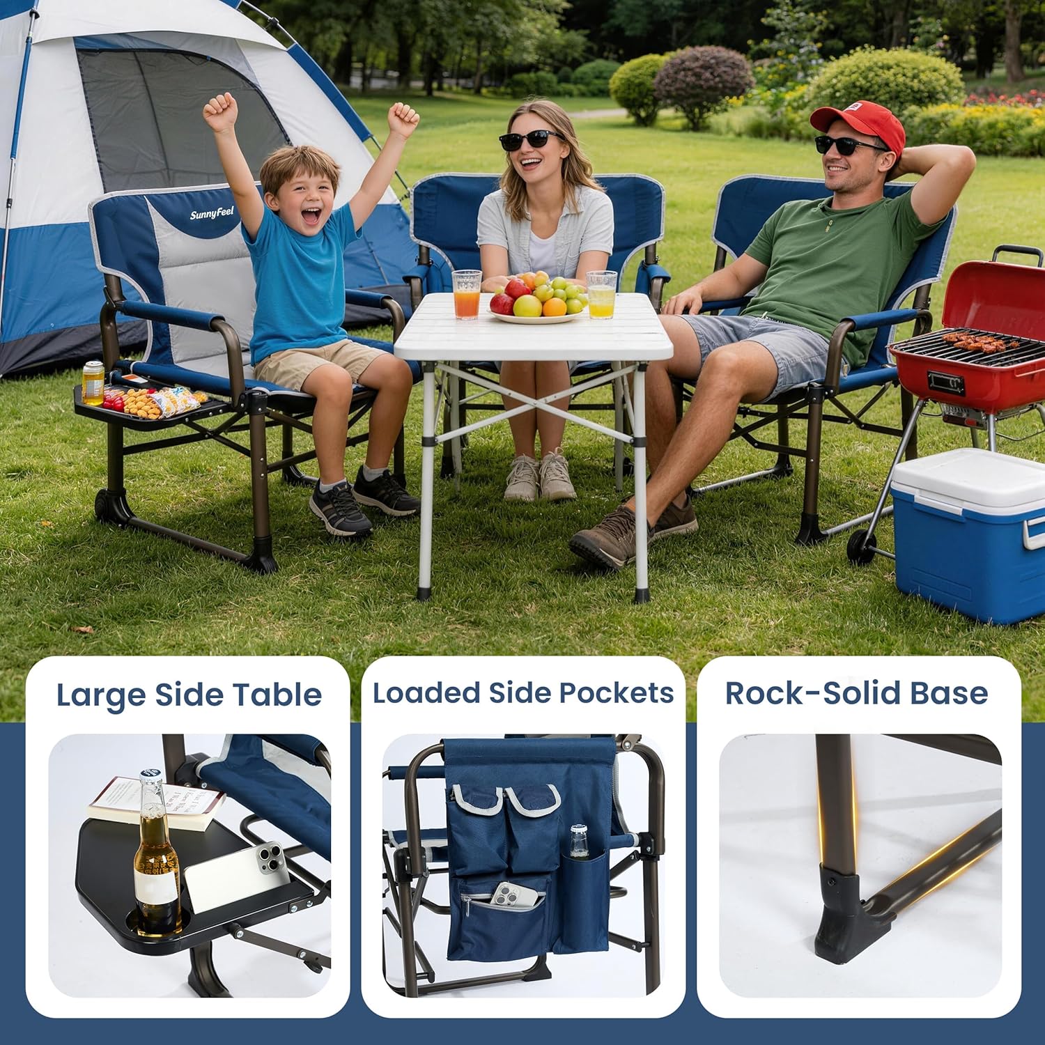 SUNNYFEEL Oversized Camping Directors Chair Blue Portable Folding Chair for Adults Support 600lbs with Side Pocket and Side Table for Beach, Fishing, Trip, Picnic, Lawn, Outdoor Foldable Camp Chairs
